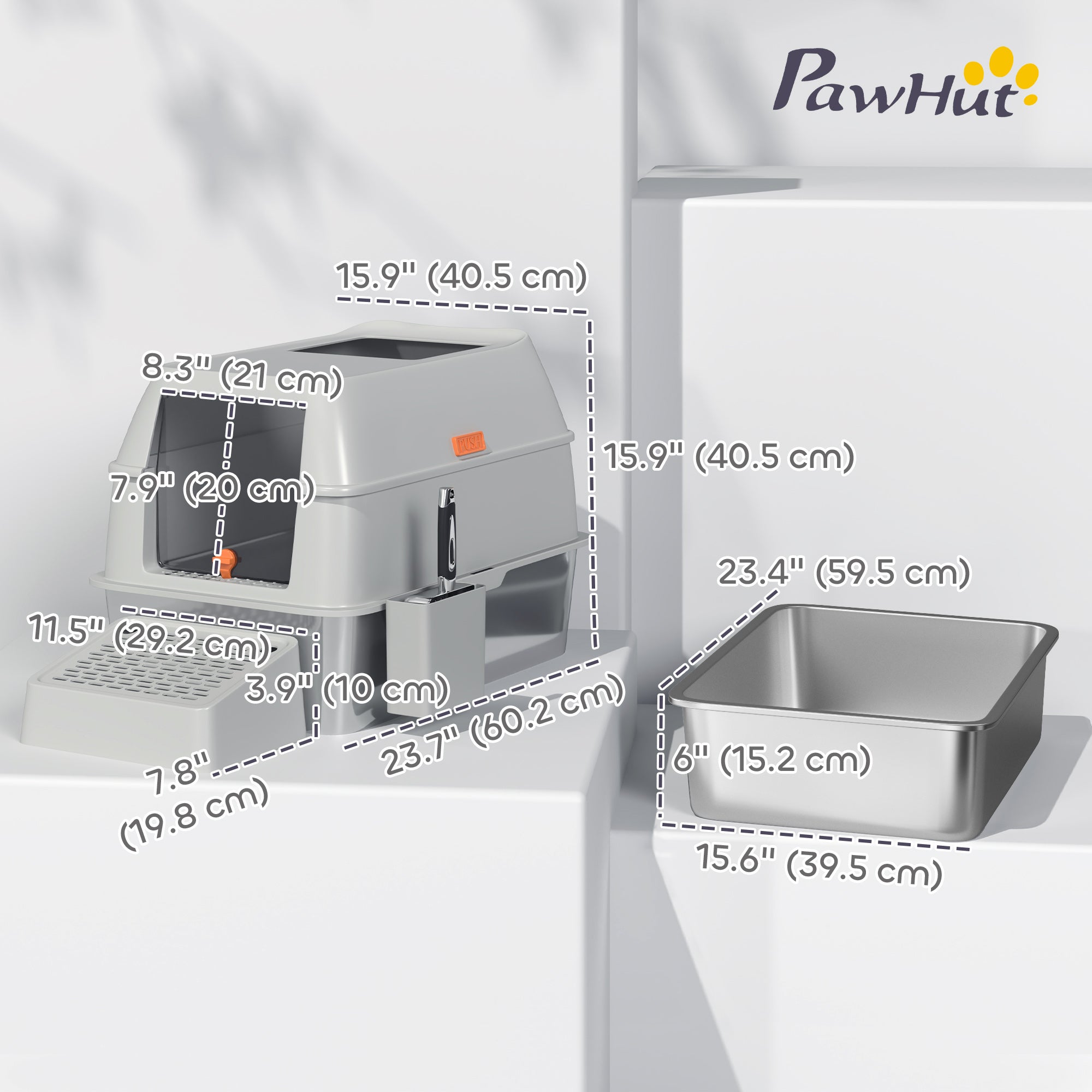 Stainless Steel Cat Litter Box with Lid, Metal Litter Pan Tray with High Sided, Scoop, 34.5L, Easy Clean, Non-Sticky & Anti-Leakage, Light Grey