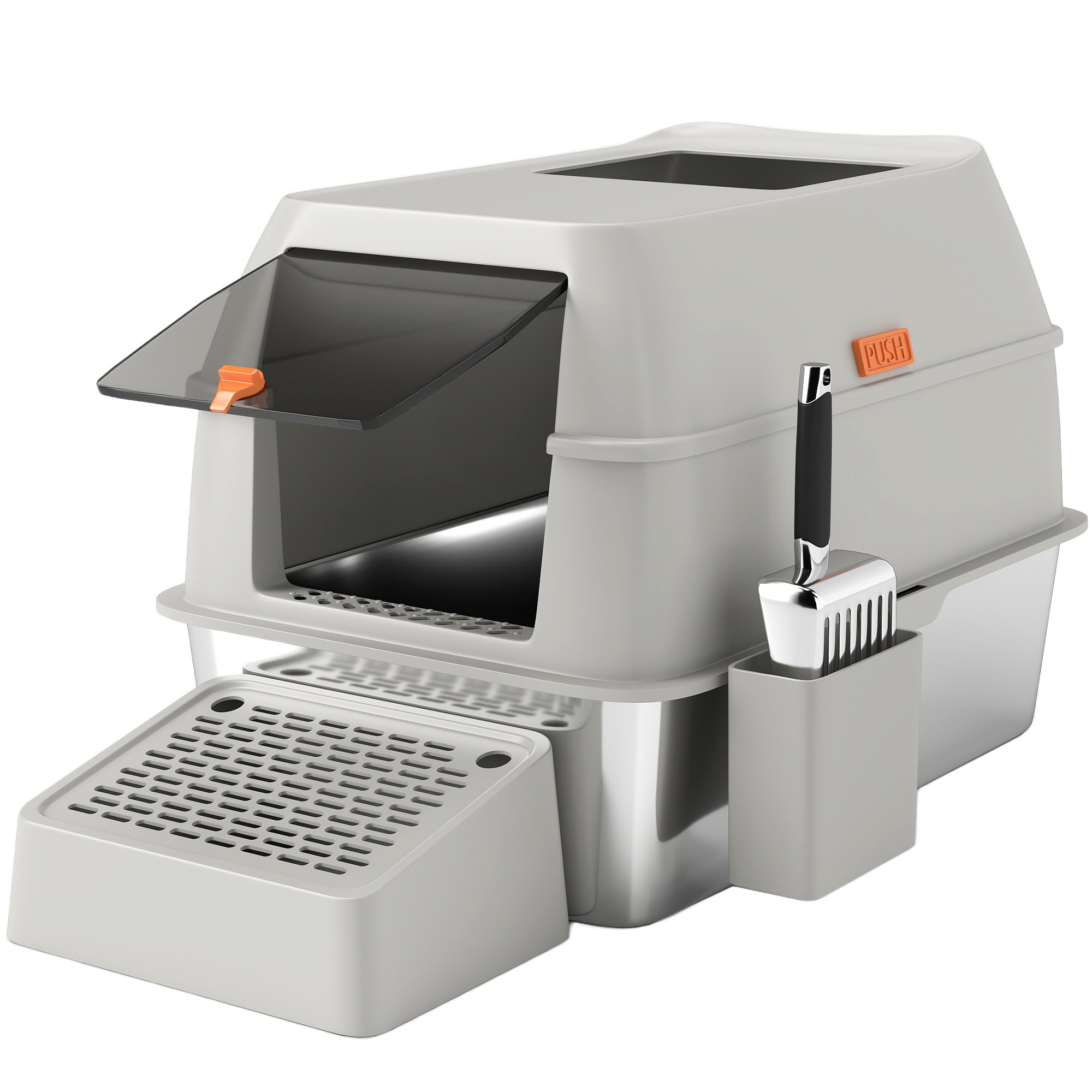 Stainless Steel Cat Litter Box with Lid, Metal Litter Pan Tray with High Sided, Scoop, 34.5L, Easy Clean, Non-Sticky & Anti-Leakage, Light Grey