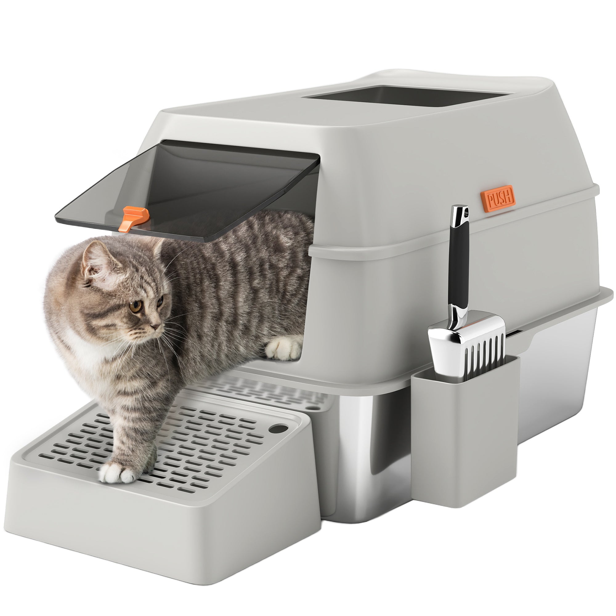 Stainless Steel Cat Litter Box with Lid, Metal Litter Pan Tray with High Sided, Scoop, 34.5L, Easy Clean, Non-Sticky & Anti-Leakage, Light Grey