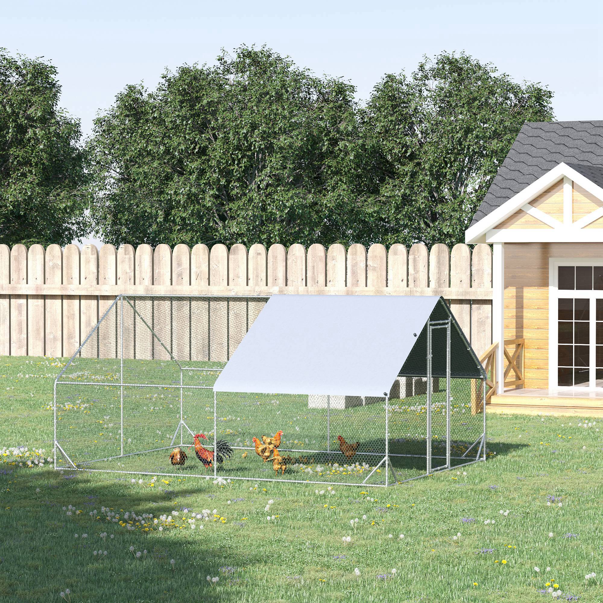 PawHut Large Chicken Coop Metal Chicken Run with Waterproof and Anti-UV Cover, Spire Shaped Walk in Fence Cage Hen House for Outdoor and Yard Farm Use, 1" Tube Diameter, 9.8' x 13.1' x 6.6'