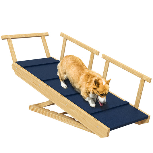 PawHut Dog Ramp, Adjustable 4 Height Pet Ramp, Foldable Wooden Dog Stairs with Non-slip Mat for Small to Large Dogs to Get on High Bed or Sofa Couch, Natural Wood Finish