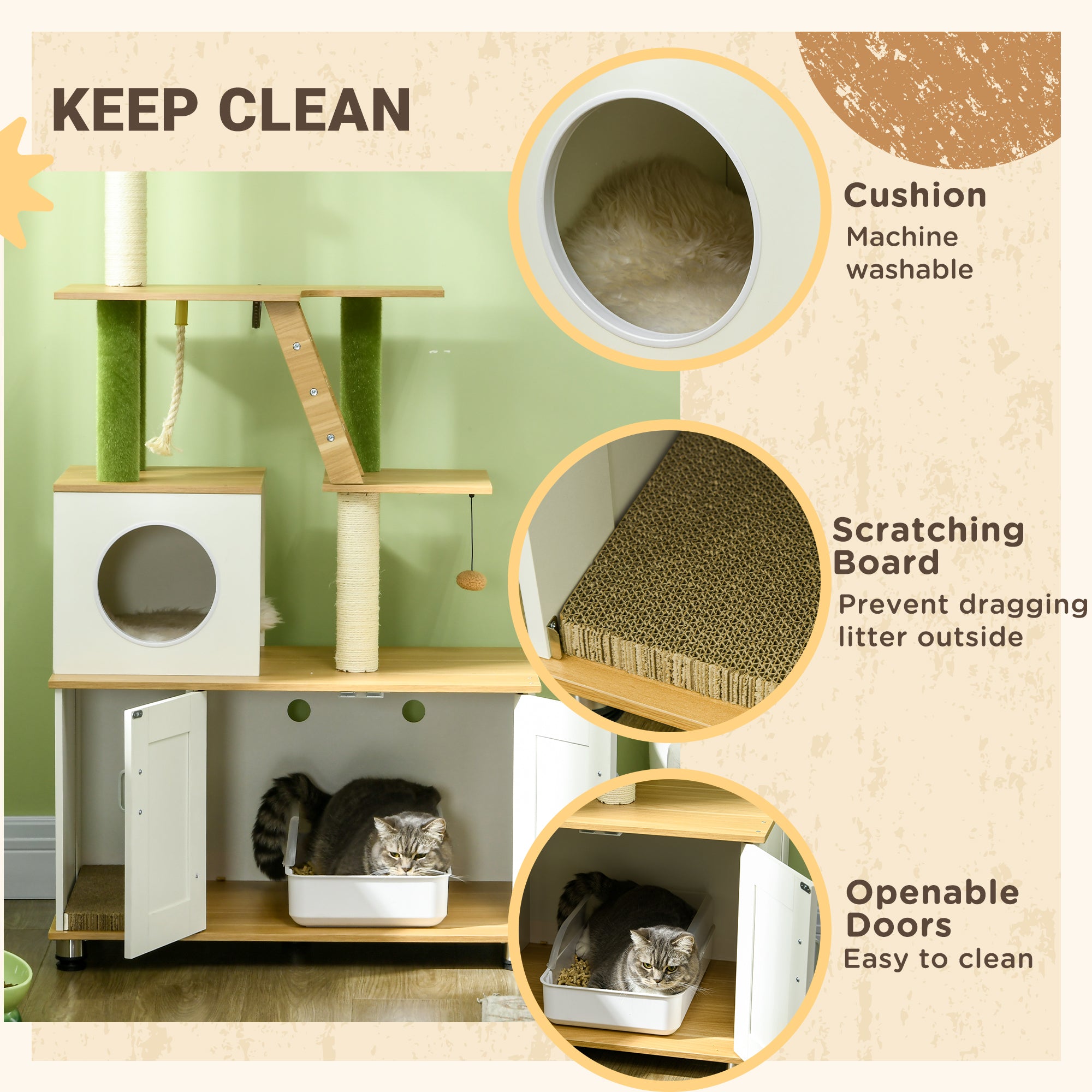 Cat Tree with Hidden Litter Box Enclosure, 2-in-1 Green Leaf Cat Tower, Litter Box Furniture with House, Ladder, Scratching Posts, Platforms, for Indoor Use - Oak