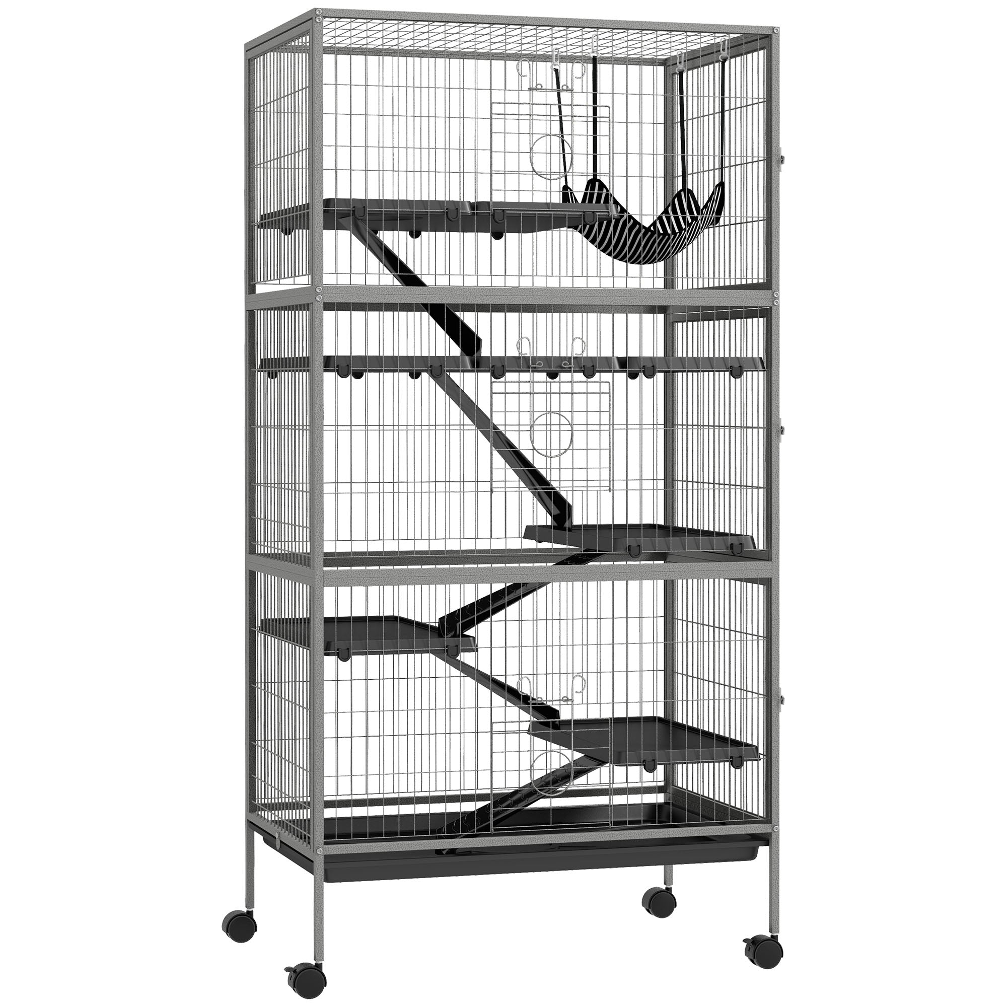 hängematte chinchilla PawHut 63" Tall Mobile Small Animal Habitat, Includes Hammock, Ideal for Ferrets & Chinchillas, 6 Access Doors, Removable Tray