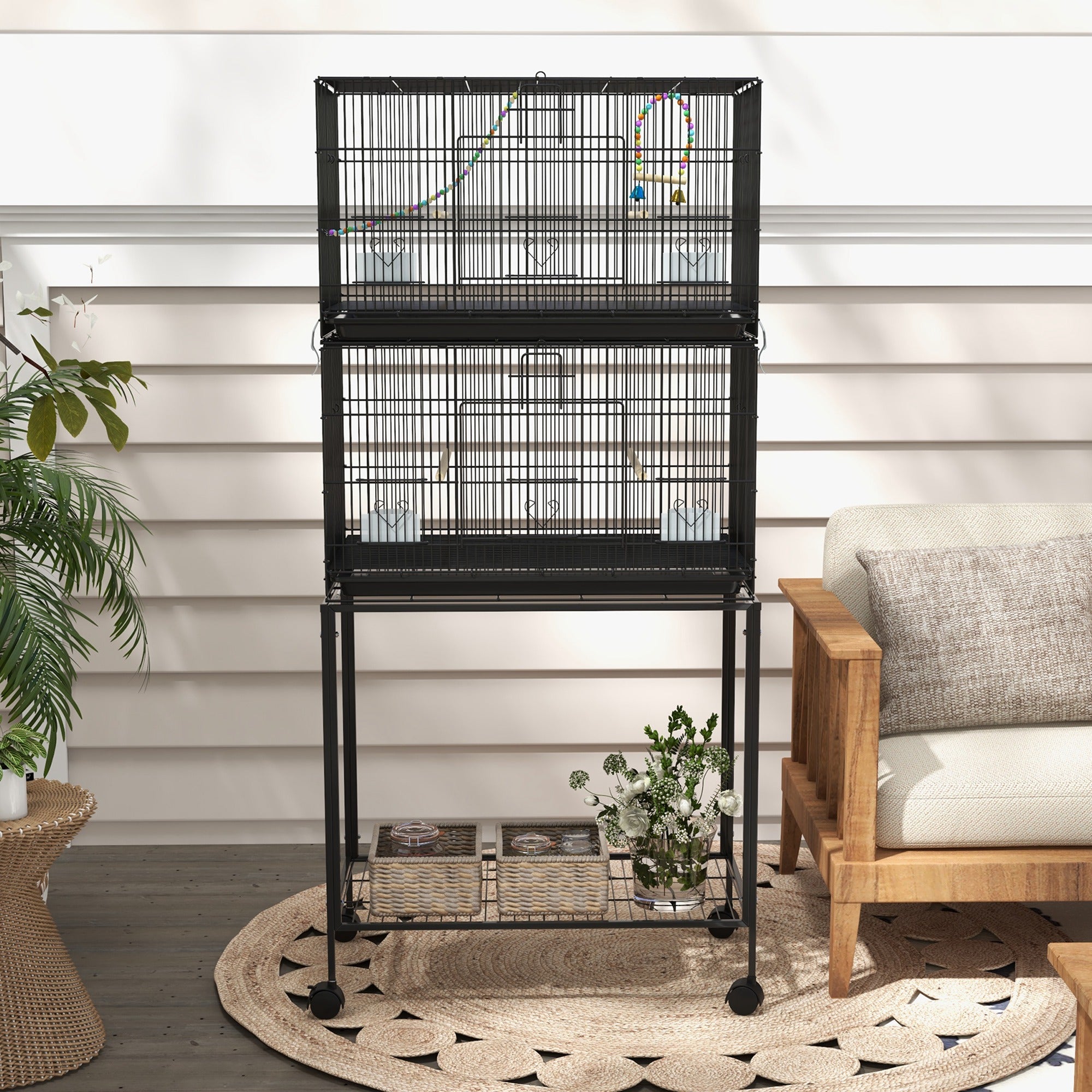 PawHut Double Stackable Bird Cage with Stand, Wooden Swing, Rope Ladder & Wheels for Canaries, Lovebirds Finches, Budgie Cage with Storage Shelf, Removable Tray, Wooden Perches & Food Containers
