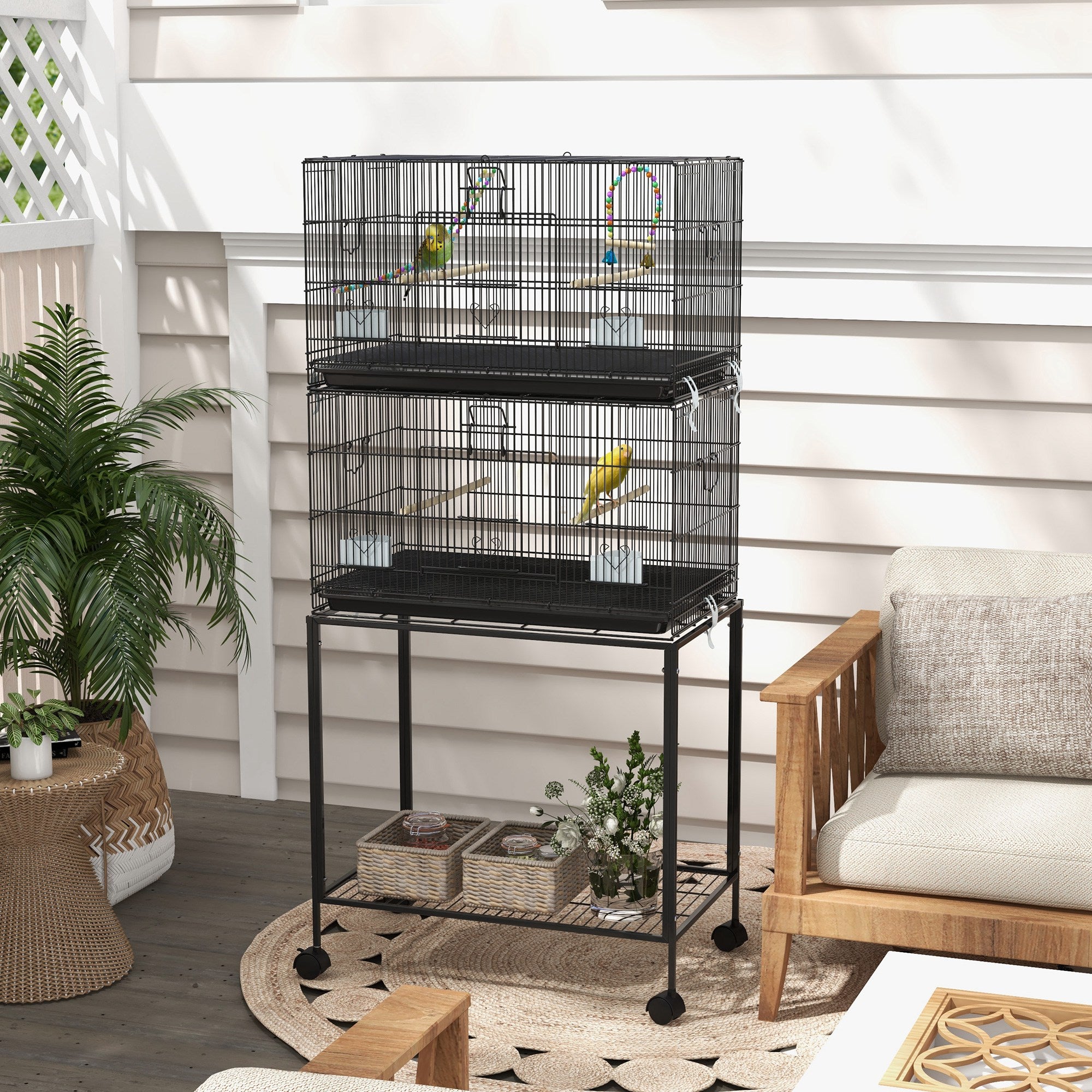 PawHut Double Stackable Bird Cage with Stand, Wooden Swing, Rope Ladder & Wheels for Canaries, Lovebirds Finches, Budgie Cage with Storage Shelf, Removable Tray, Wooden Perches & Food Containers