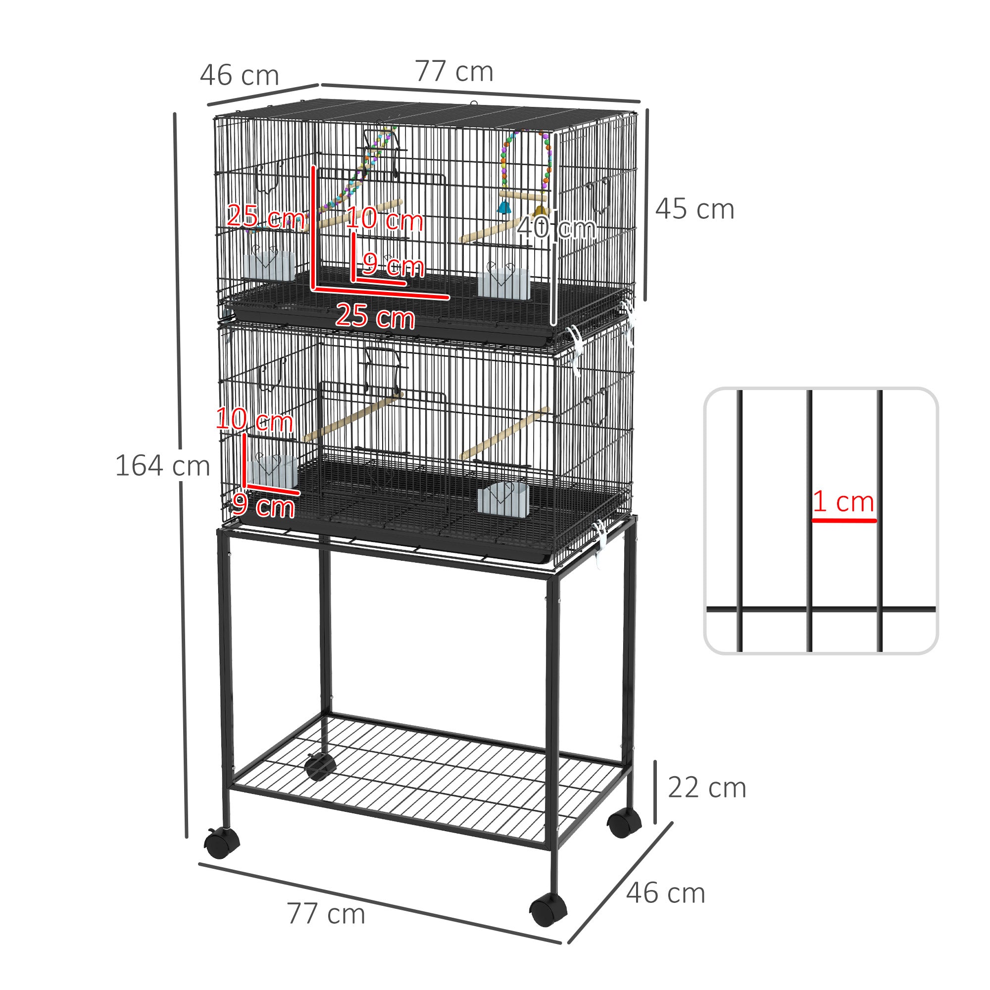 2 Tier Bird Cage, Budgie Cage with Stand, Swing, Rope, Ladder, Wheels, Shelf, Tray, Perches, Food Containers, for Canaries, Lovebirds, Finches