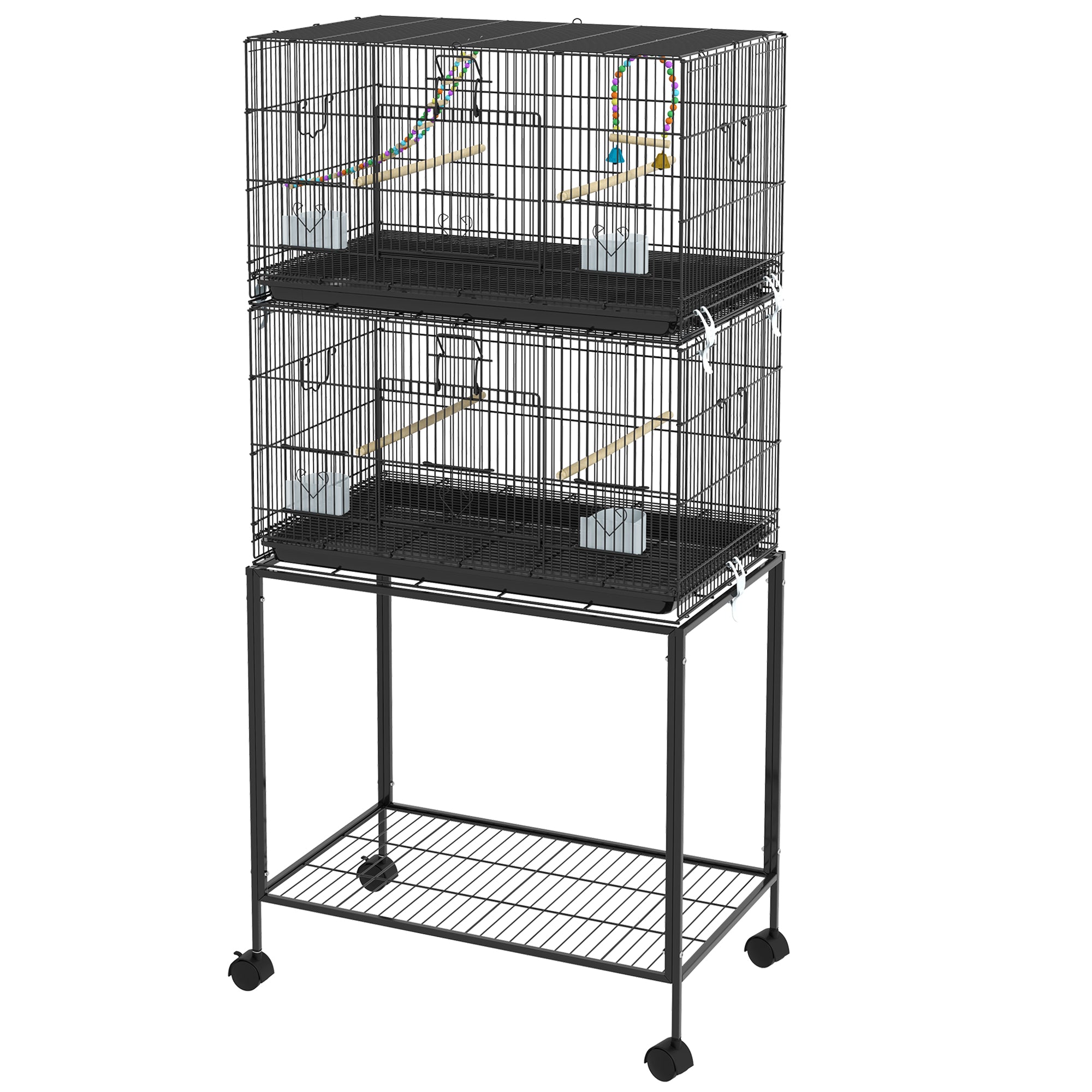 PawHut Double Stackable Bird Cage with Stand, Wooden Swing, Rope Ladder & Wheels for Canaries, Lovebirds Finches, Budgie Cage with Storage Shelf, Removable Tray, Wooden Perches & Food Containers