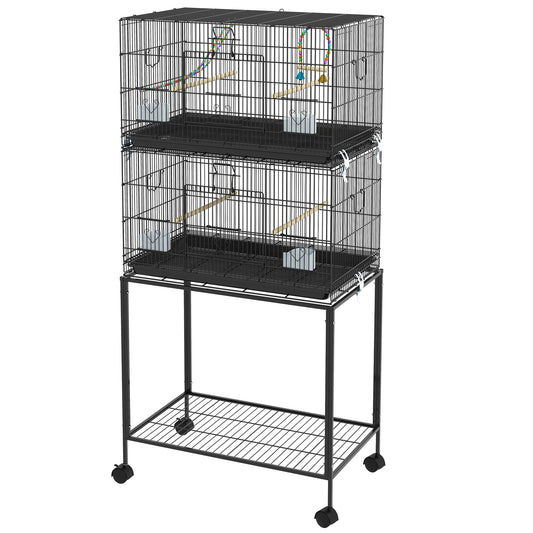 PawHut Double Stackable Bird Cage with Stand, Wooden Swing, Rope Ladder & Wheels for Canaries, Lovebirds Finches, Budgie Cage with Storage Shelf, Removable Tray, Wooden Perches & Food Containers