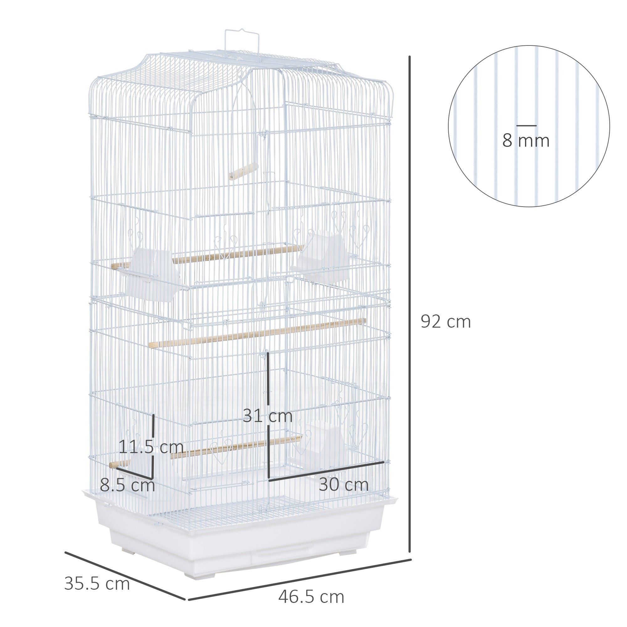 Bird Cage with Perches, Food Bowls, Swing, Parrot Cage for Budgie, Parakeet, Small Bird, 46.5 x 35.5 x 92cm, White