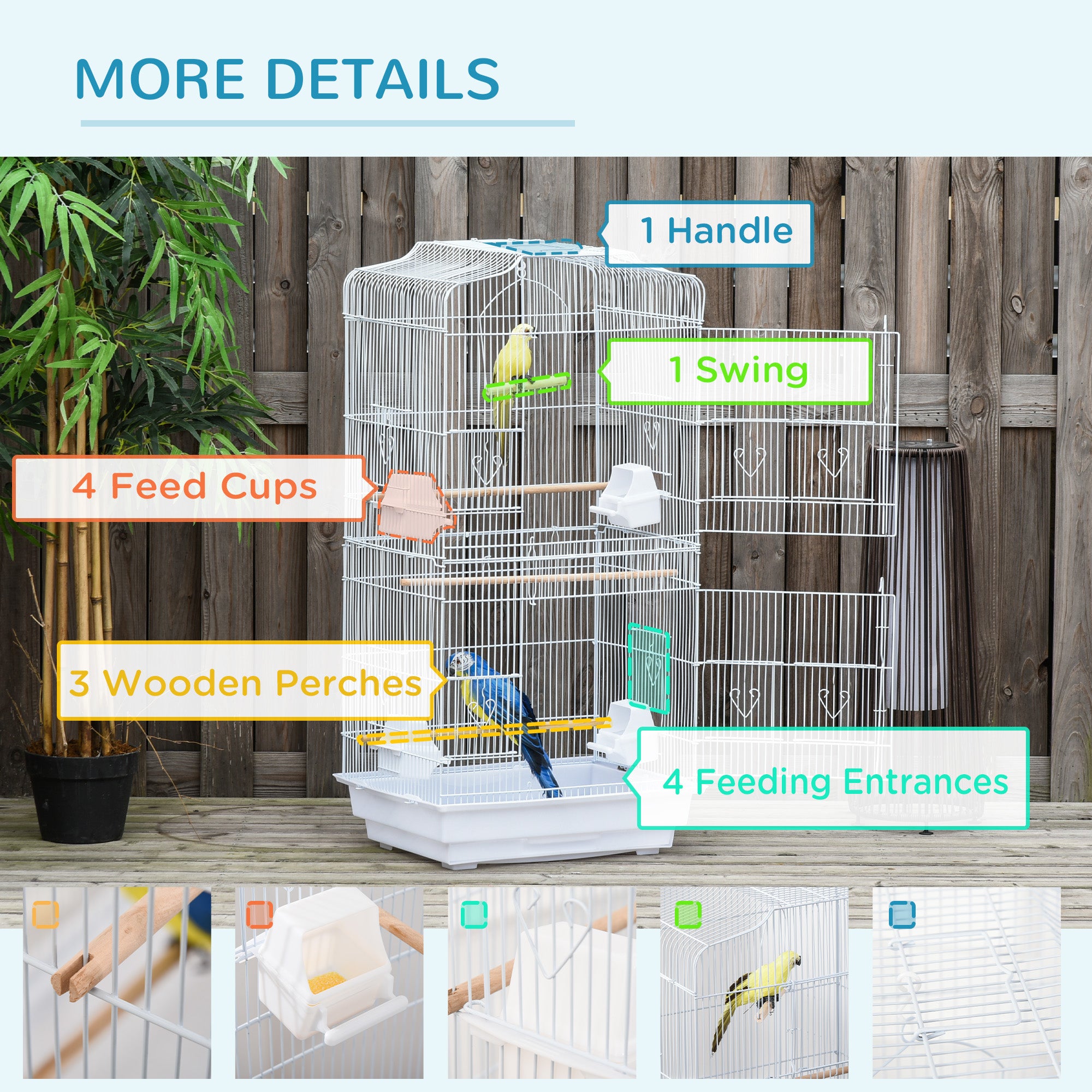 36" Bird Cage for Finches, Canaries Budgies, Parrot Cage with Accessories, Handle, White