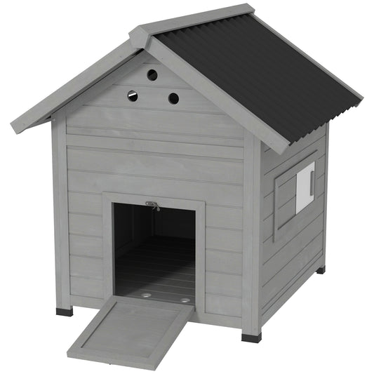 PawHut Duck Coop, Wooden Duck House, Outdoor Small Animal House with Openable Roof, Double Doors, Removable Base for 1-3 Ducks, Light Gray