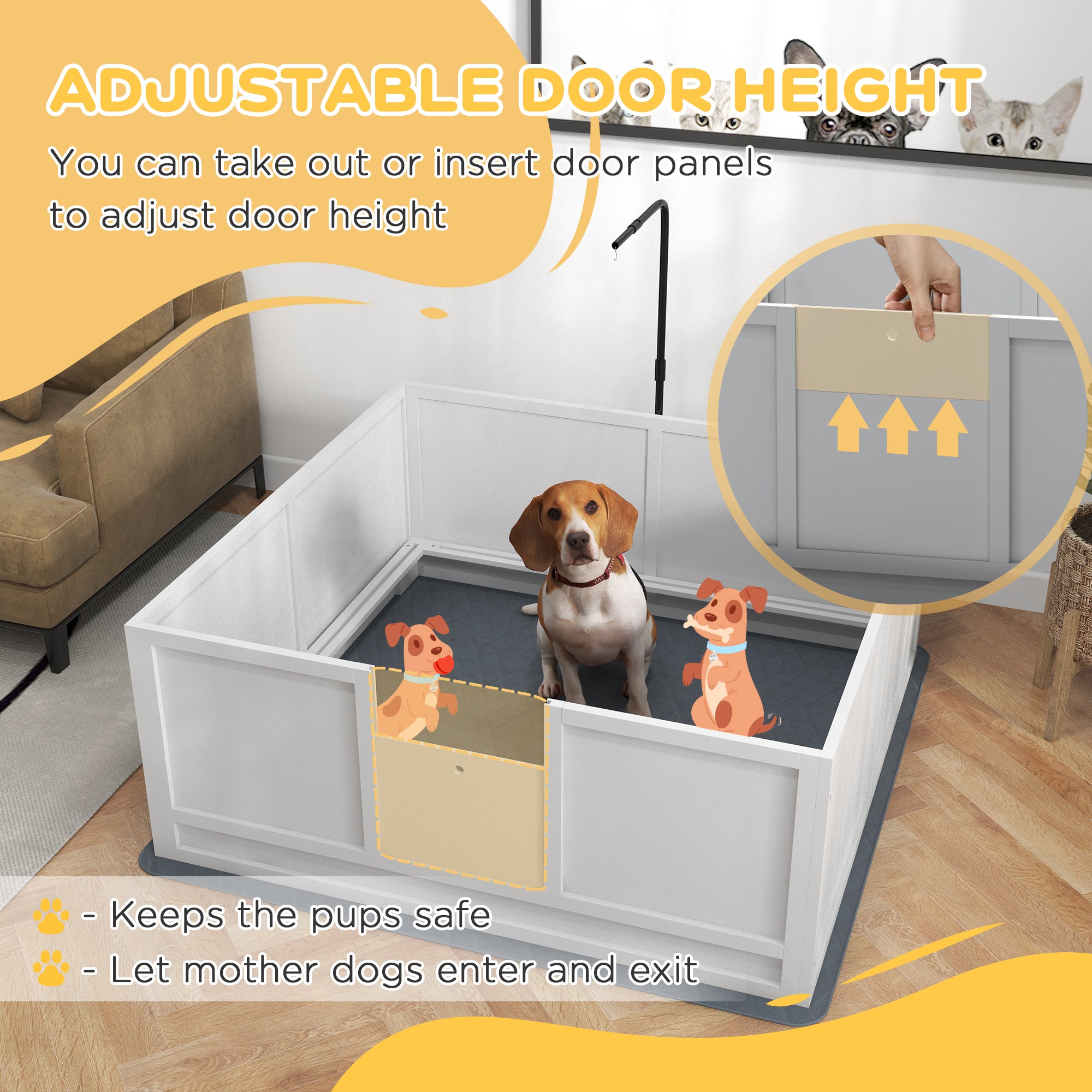 PawHut Whelping Box for Dogs with Retractable Light Stand, Waterproof Mat for Puppies with Pig Rail, Adjustable Height Door for Small, Medium & Large Breed Dogs, 49" x 48"