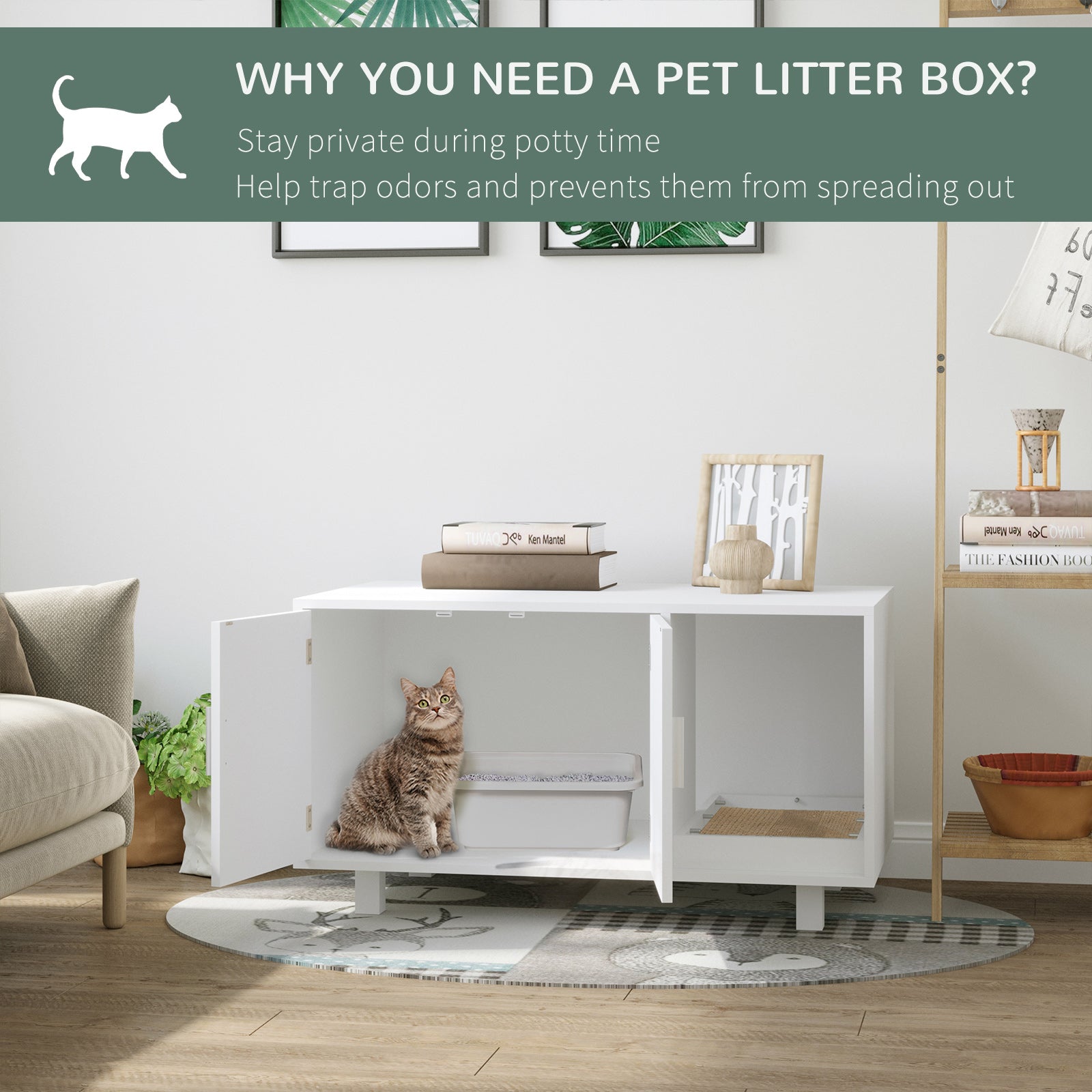 Cat Litter Box Enclosure, Hidden Litter Box Furniture, Cat House End Table Washroom with Scratching Pad, for Indoor Cats Kittens, White