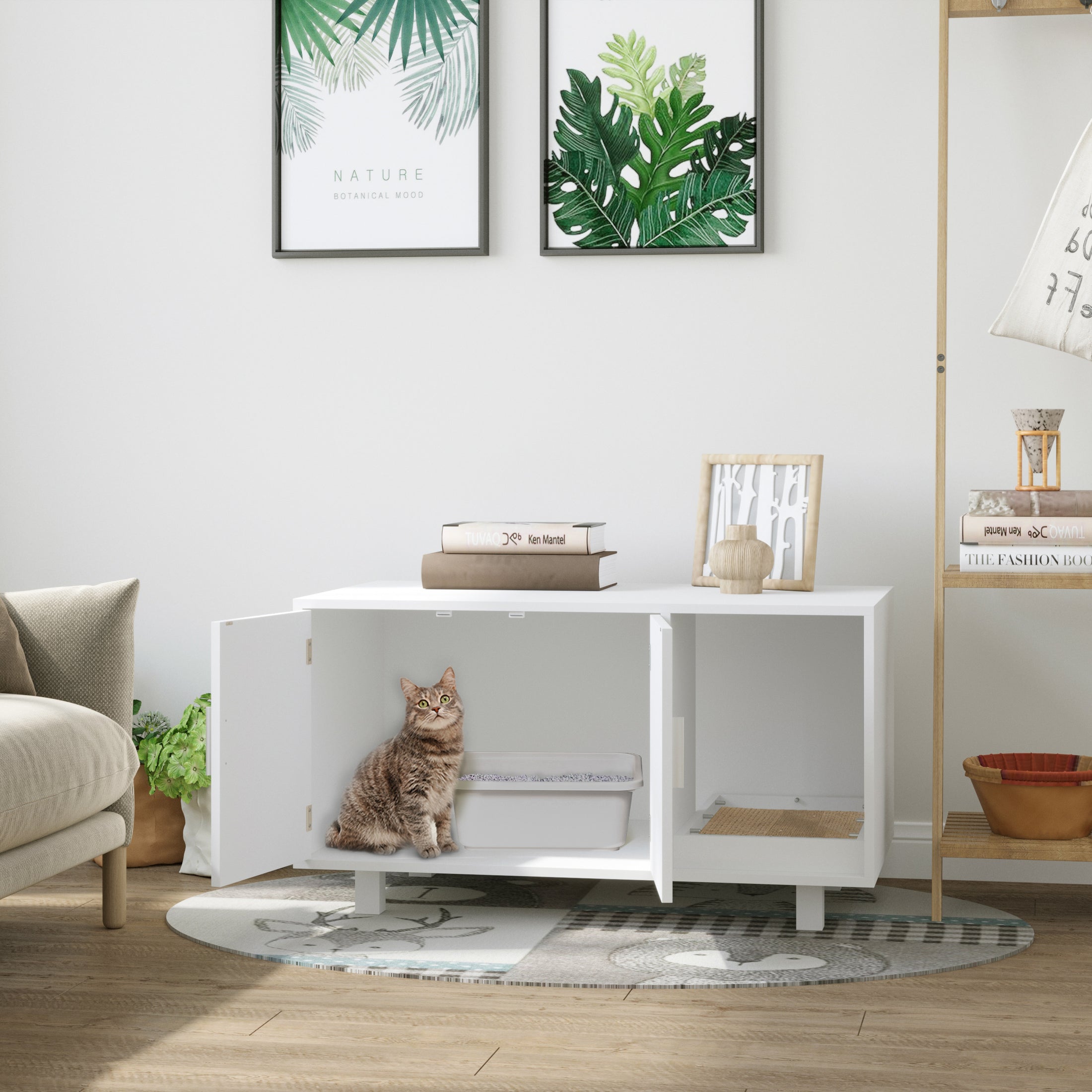 Cat Litter Box Enclosure, Hidden Litter Box Furniture, Cat House End Table Washroom with Scratching Pad, for Indoor Cats Kittens, White