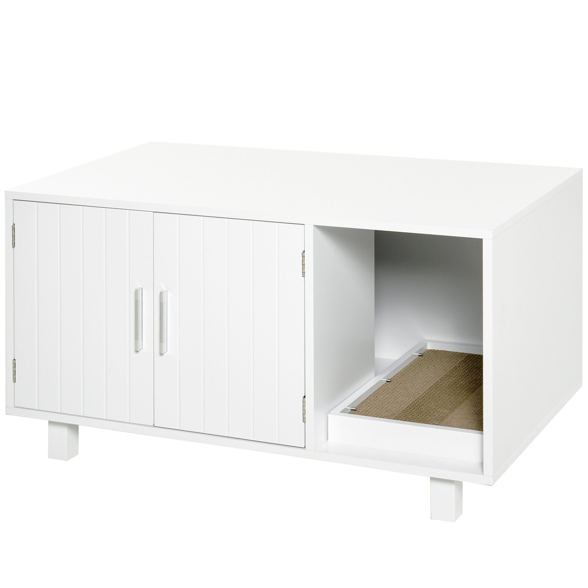 Cat Litter Box Enclosure, Hidden Litter Box Furniture, Cat House End Table Washroom with Scratching Pad, for Indoor Cats Kittens, White