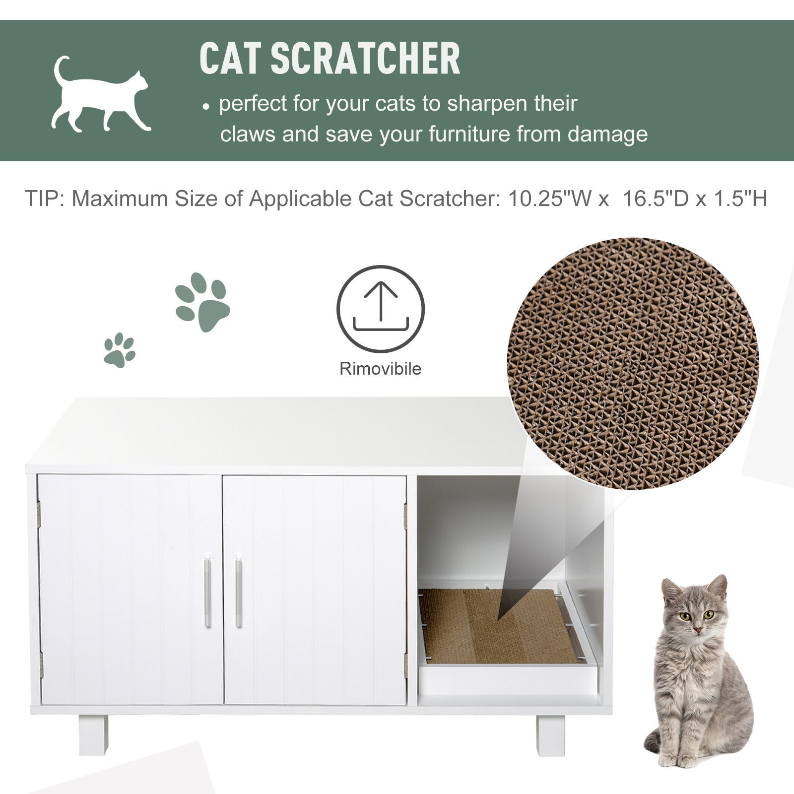 Cat Litter Box Enclosure, Hidden Litter Box Furniture, Cat House End Table Washroom with Scratching Pad, for Indoor Cats Kittens, White