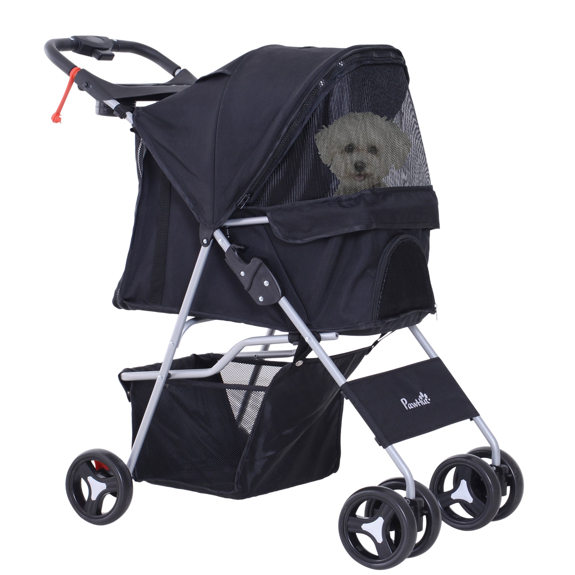 Dog Stroller, One-click Folding Pet Stroller with Cup Holder, 4 Wheels Travel Carrier w/ Brakes, 360° Swiveling Front Wheels, Storage Basket, for XS/Small Dogs Cats, Black