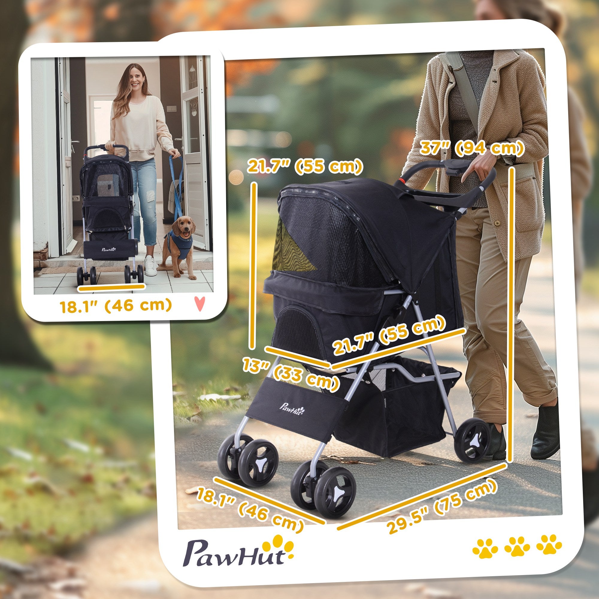 Dog Stroller, One-click Folding Pet Stroller with Cup Holder, 4 Wheels Travel Carrier w/ Brakes, 360° Swiveling Front Wheels, Storage Basket, for XS/Small Dogs Cats, Black