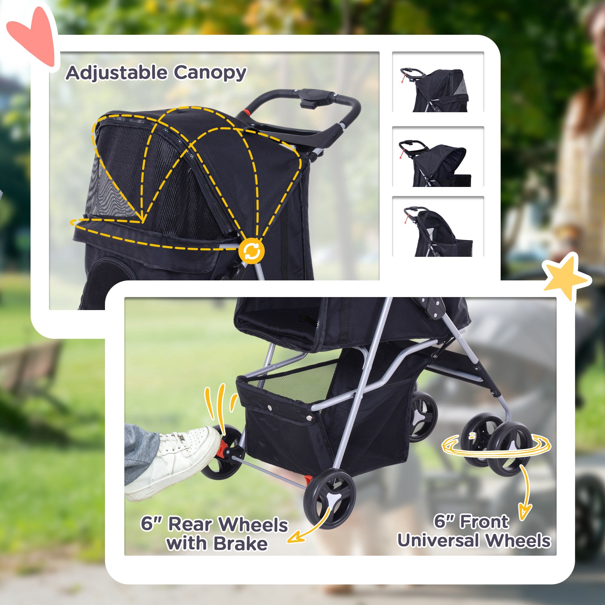Dog Stroller, One-click Folding Pet Stroller with Cup Holder, 4 Wheels Travel Carrier w/ Brakes, 360° Swiveling Front Wheels, Storage Basket, for XS/Small Dogs Cats, Black
