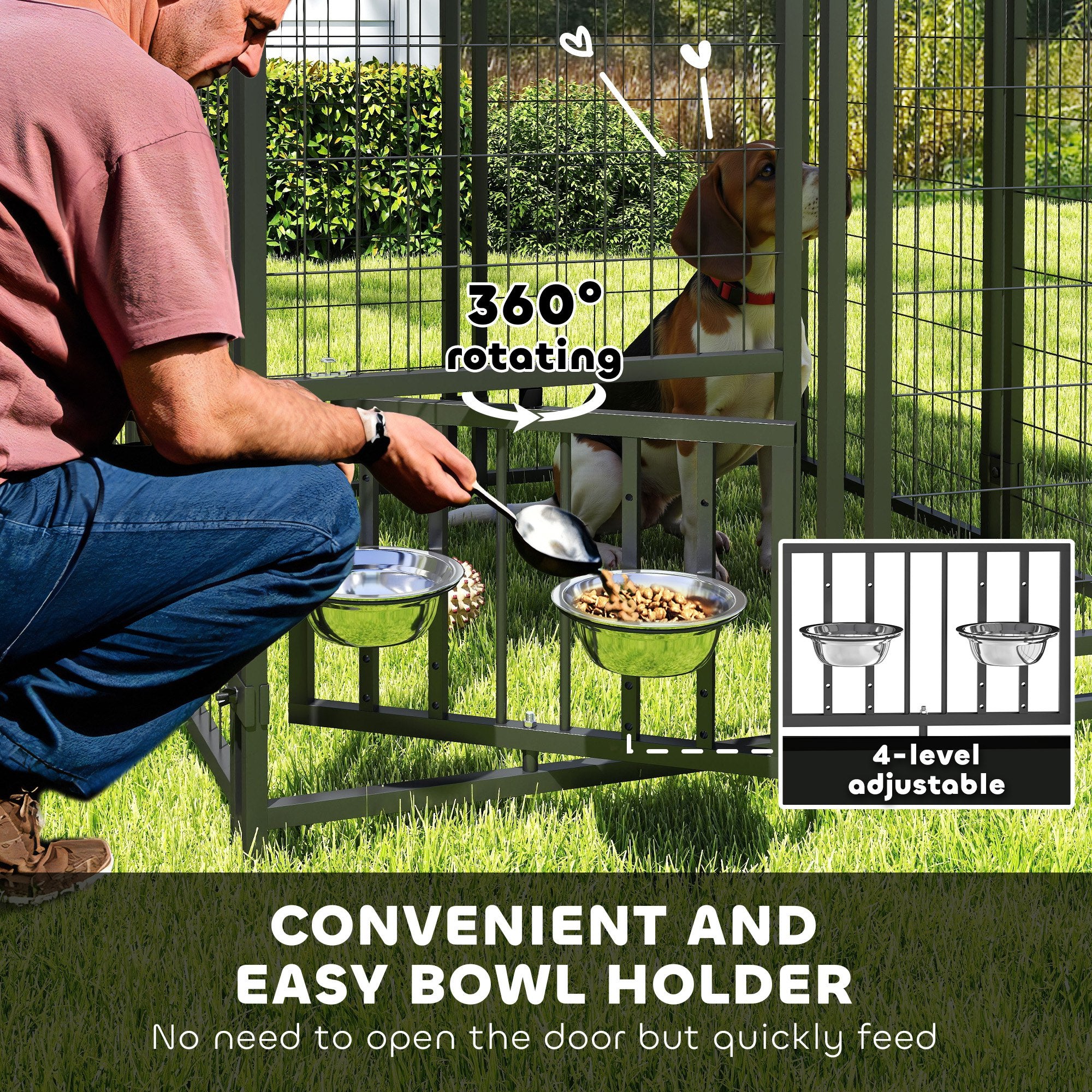 PawHut 3.9' x 3.9' x 4.5' Outdoor Dog Kennel, Welded Wire Heavy Duty Dog Run with 360° Rotating & 4 Level Adjustable Bowls, Dog Kennel Outside with Waterproof & UV Resistant Cover, for S&M Dogs