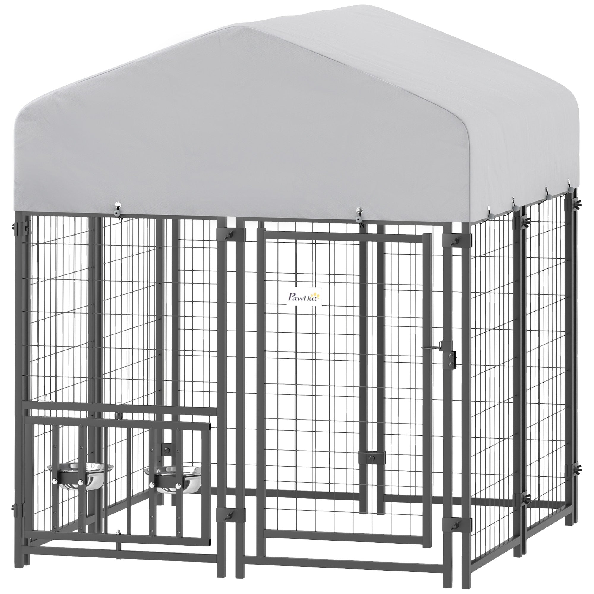 PawHut 3.9' x 3.9' x 4.5' Outdoor Dog Kennel, Welded Wire Heavy Duty Dog Run with 360° Rotating & 4 Level Adjustable Bowls, Dog Kennel Outside with Waterproof & UV Resistant Cover, for S&M Dogs