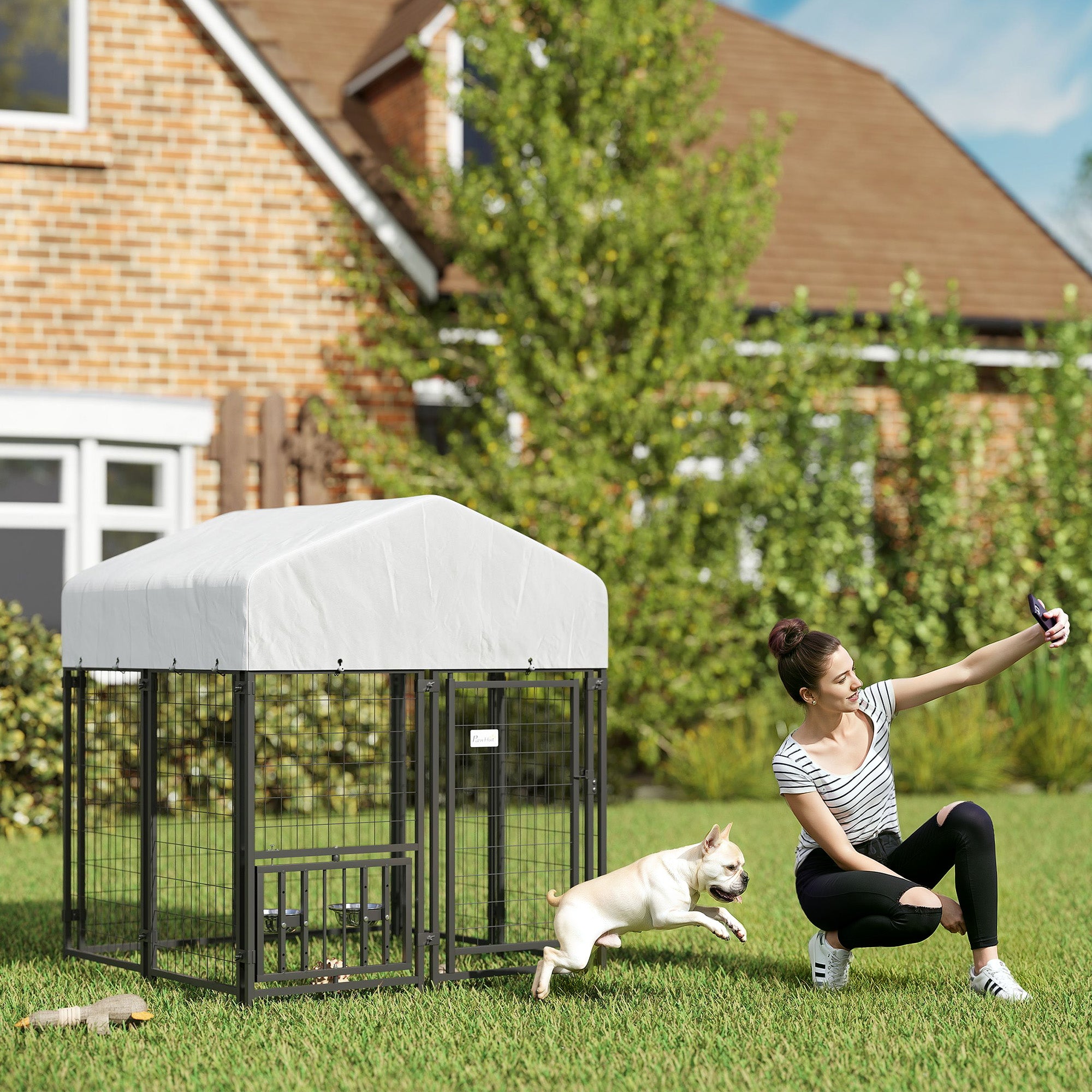 PawHut 3.9' x 3.9' x 4.5' Outdoor Dog Kennel, Welded Wire Heavy Duty Dog Run with 360° Rotating & 4 Level Adjustable Bowls, Dog Kennel Outside with Waterproof & UV Resistant Cover, for S&M Dogs