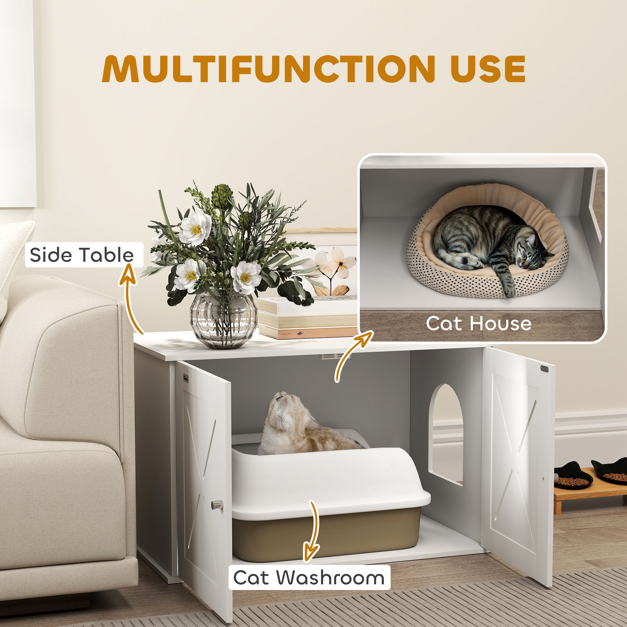Cat Litter Box Enclosure, Hidden Cat Litter Box Furniture with Double Doors, Hole, Pet House Side End Table, 31.5" x 19" x 20", White