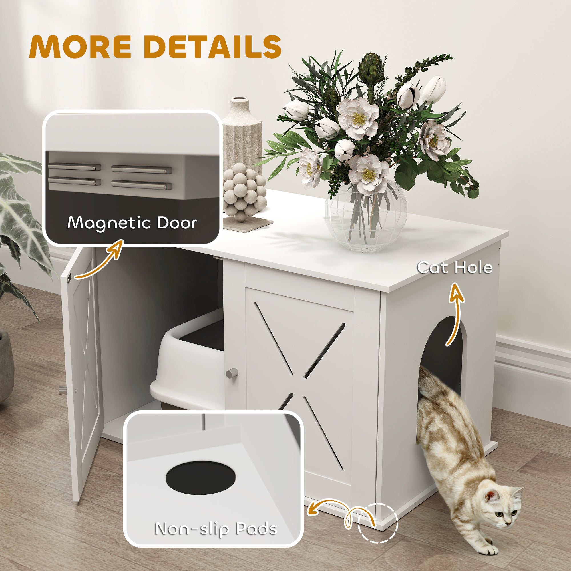 Cat Litter Box Enclosure, Hidden Cat Litter Box Furniture with Double Doors, Hole, Pet House Side End Table, 31.5" x 19" x 20", White
