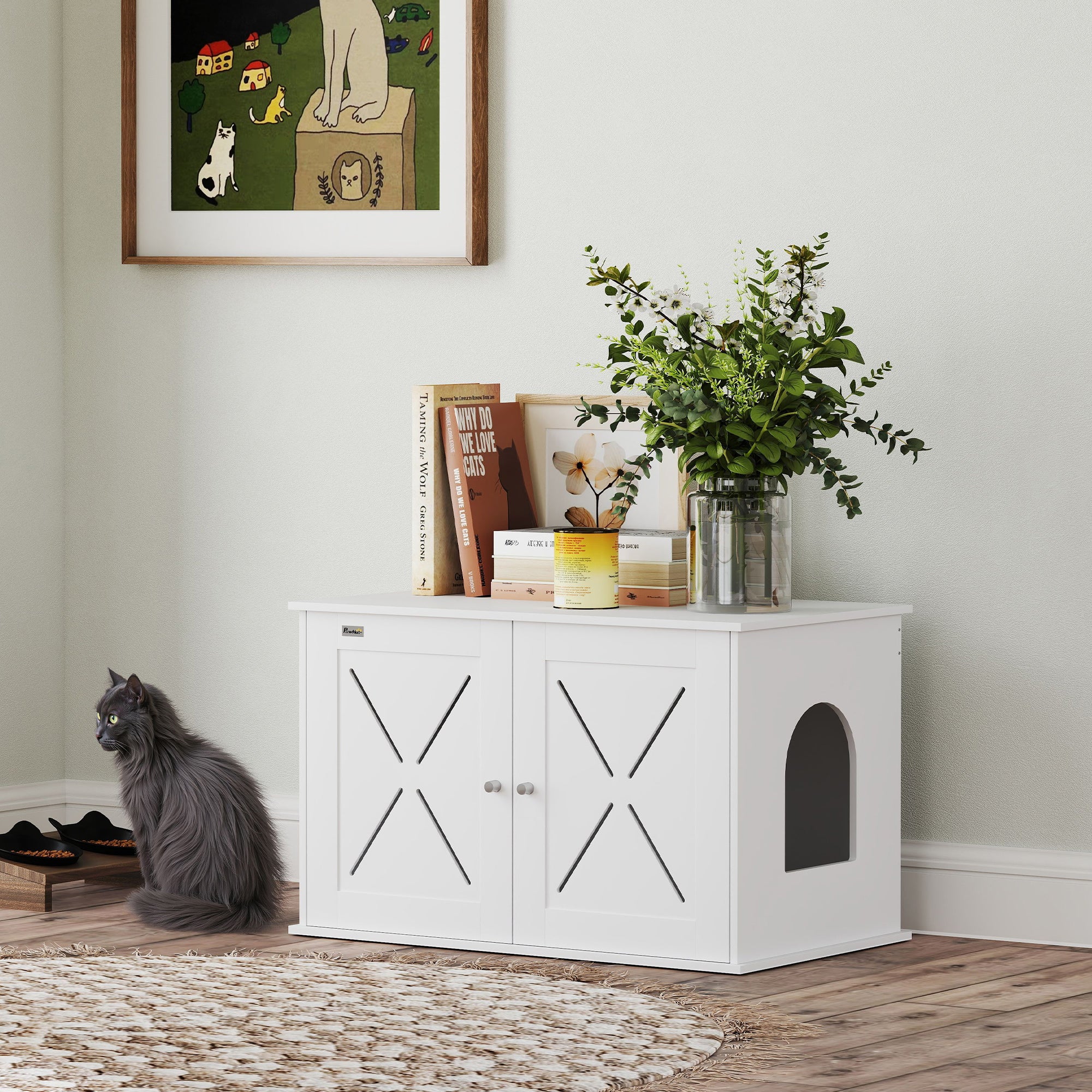 Cat Litter Box Enclosure, Hidden Cat Litter Box Furniture with Double Doors, Hole, Pet House Side End Table, 31.5" x 19" x 20", White