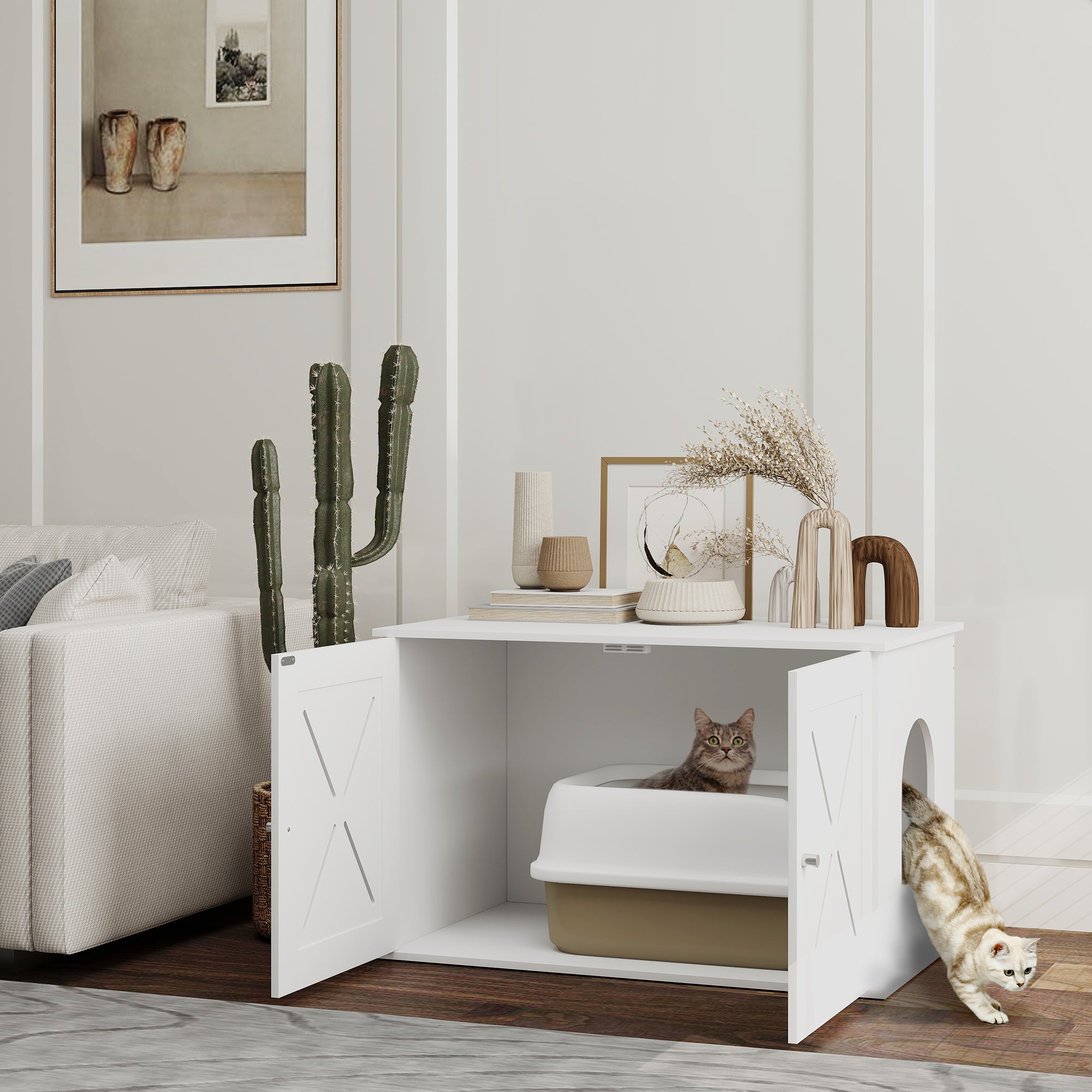 Cat Litter Box Enclosure, Hidden Cat Litter Box Furniture with Double Doors, Hole, Pet House Side End Table, 31.5" x 19" x 20", White