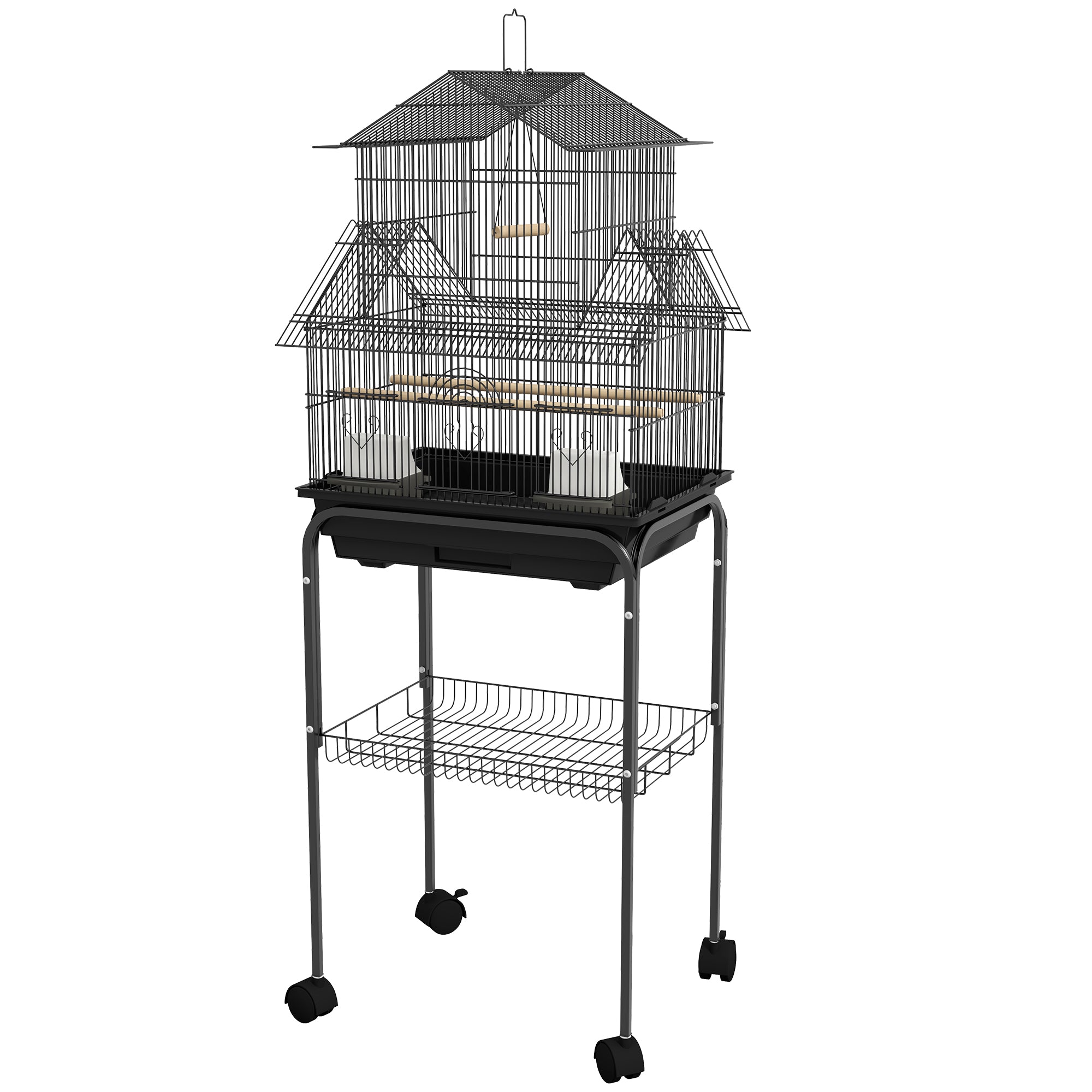 48" Bird Cage for Finches, Canaries, Budgies, Indoor Parrot Cage with Perch, Swing, Food Container, Slide-out Tray, Handle, Stand, Bottom Shelf, Black