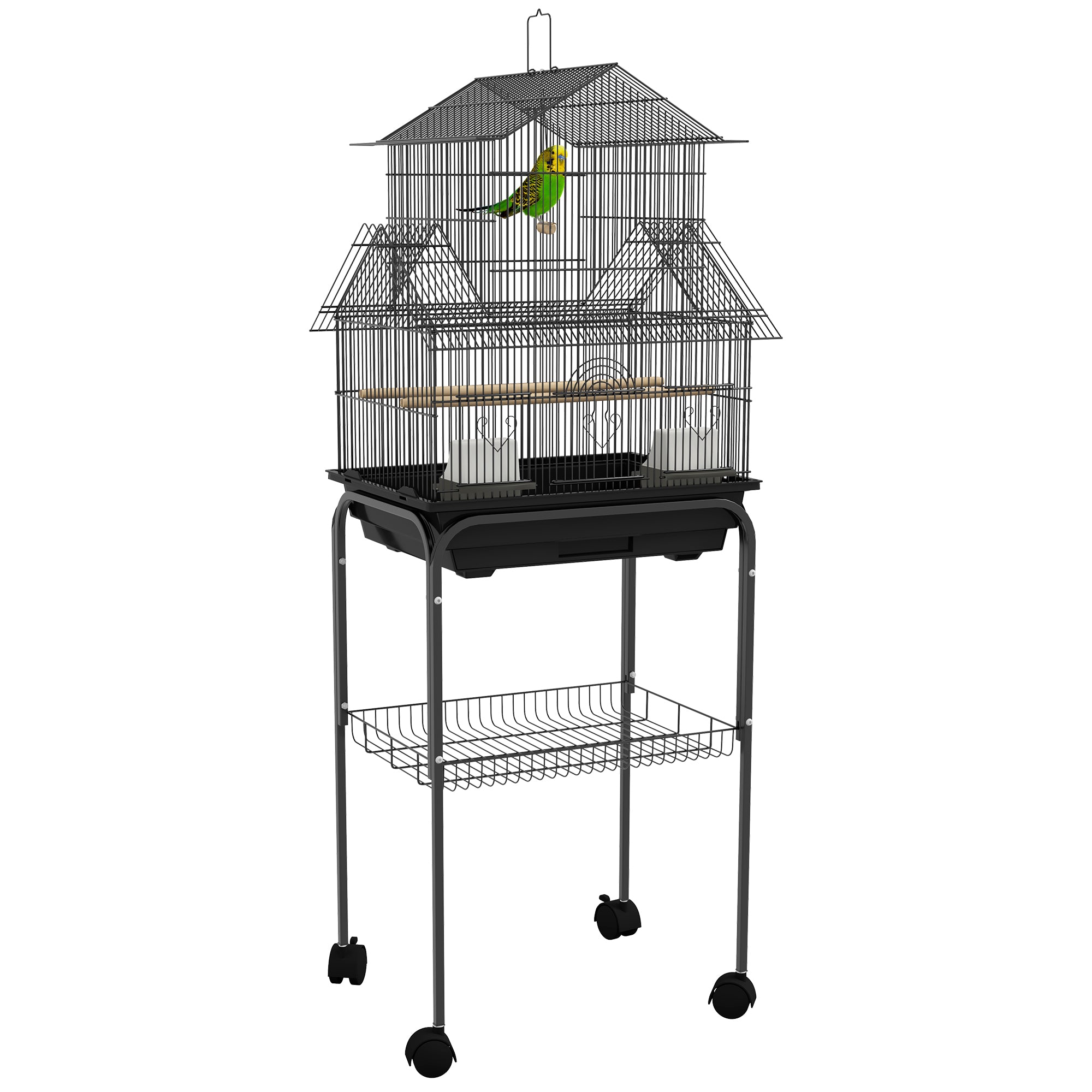 48" Bird Cage for Finches, Canaries, Budgies, Indoor Parrot Cage with Perch, Swing, Food Container, Slide-out Tray, Handle, Stand, Bottom Shelf, Black