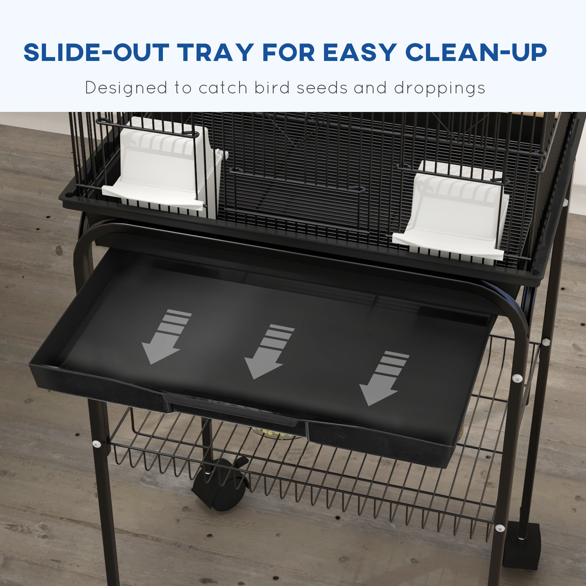 48" Bird Cage for Finches, Canaries, Budgies, Indoor Parrot Cage with Perch, Swing, Food Container, Slide-out Tray, Handle, Stand, Bottom Shelf, Black