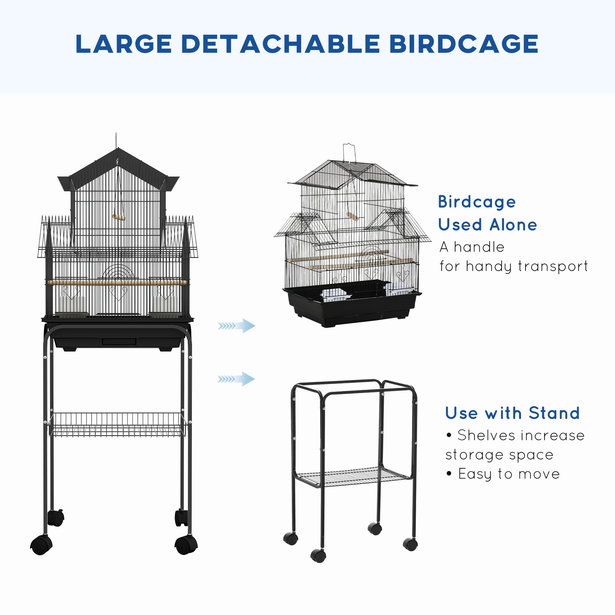 48" Bird Cage for Finches, Canaries, Budgies, Indoor Parrot Cage with Perch, Swing, Food Container, Slide-out Tray, Handle, Stand, Bottom Shelf, Black