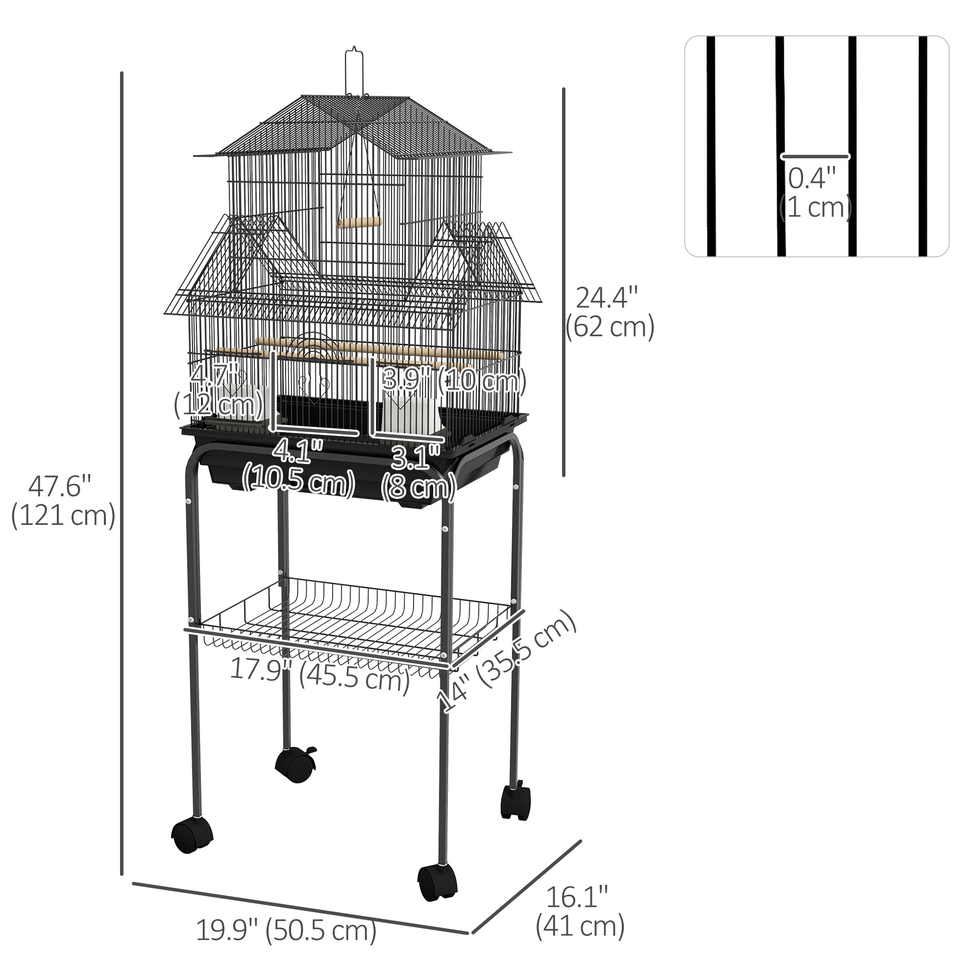 48" Bird Cage for Finches, Canaries, Budgies, Indoor Parrot Cage with Perch, Swing, Food Container, Slide-out Tray, Handle, Stand, Bottom Shelf, Black