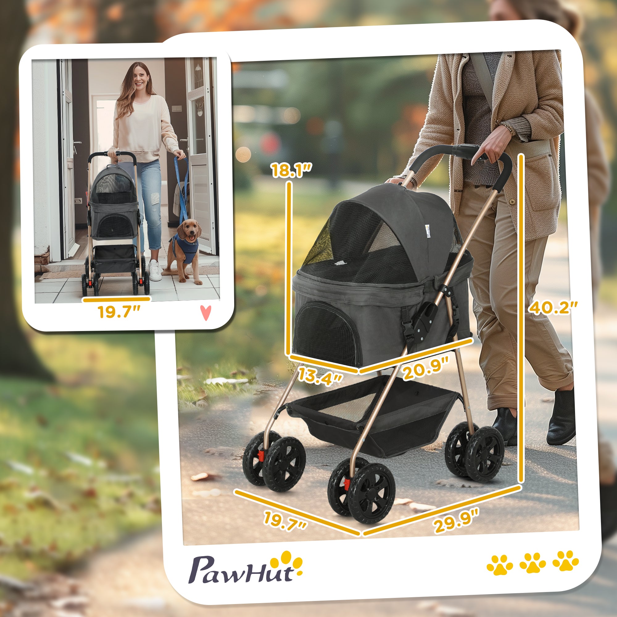 PawHut 3 in 1 Pet Stroller with Detachable Carrier, 4 Wheels Dog Stroller with Storage Basket, Cupholder, Washable Pads, Folding Lightweight Cat Stroller for Mini Dogs and Cats, Gray