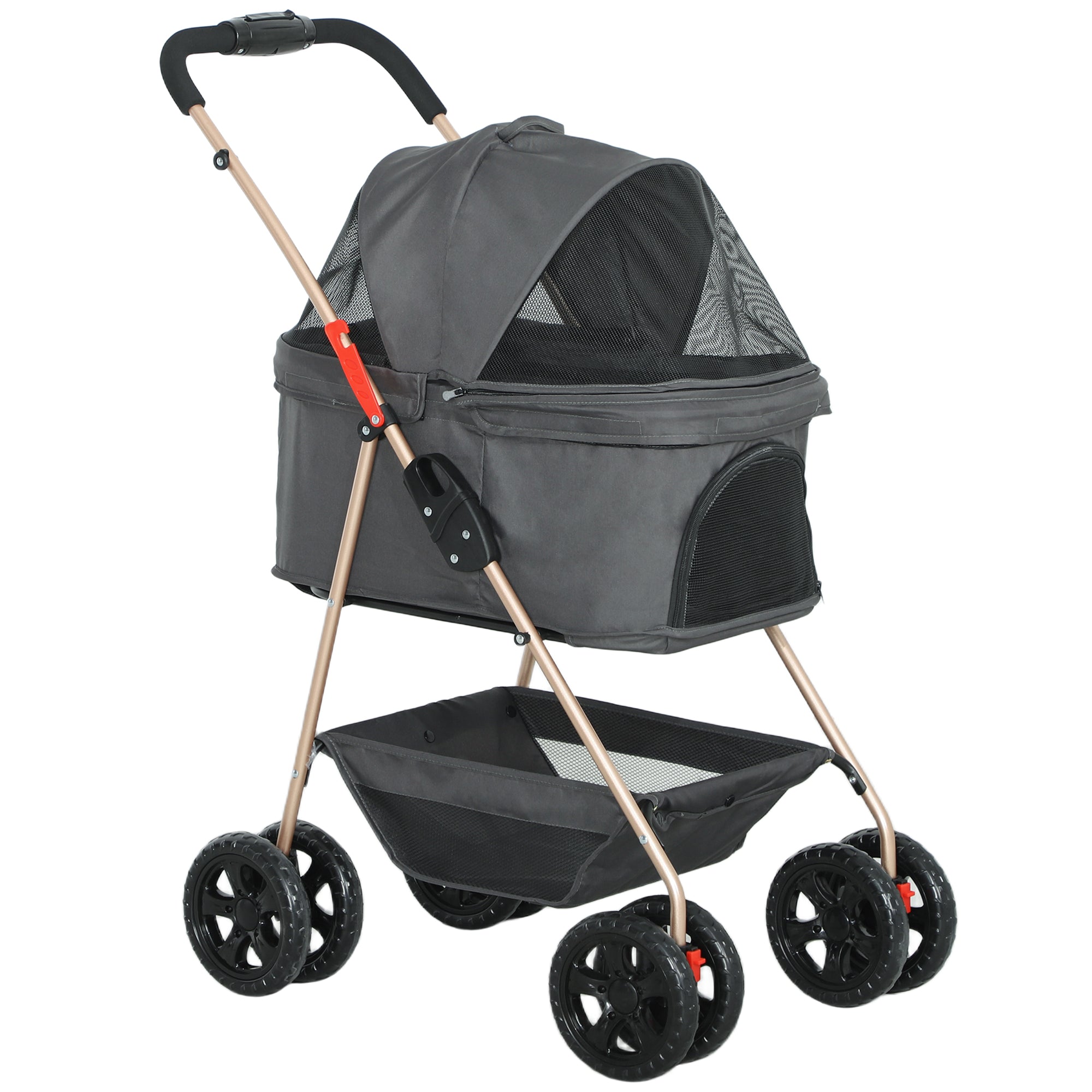 PawHut 3 in 1 Pet Stroller with Detachable Carrier, 4 Wheels Dog Stroller with Storage Basket, Cupholder, Washable Pads, Folding Lightweight Cat Stroller for Mini Dogs and Cats, Gray