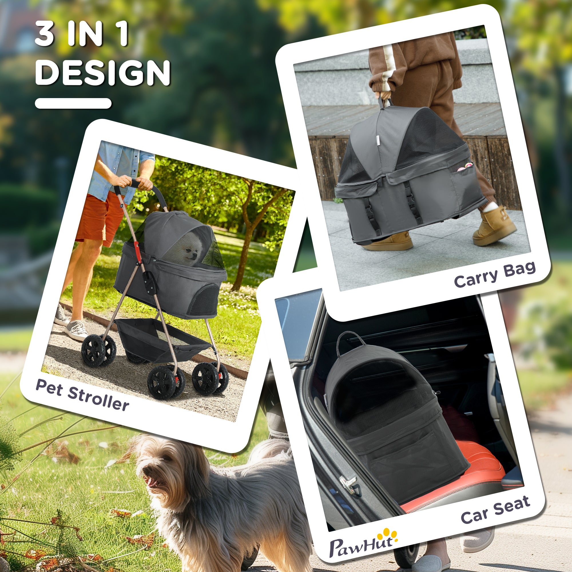 PawHut 3 in 1 Pet Stroller with Detachable Carrier, 4 Wheels Dog Stroller with Storage Basket, Cupholder, Washable Pads, Folding Lightweight Cat Stroller for Mini Dogs and Cats, Gray