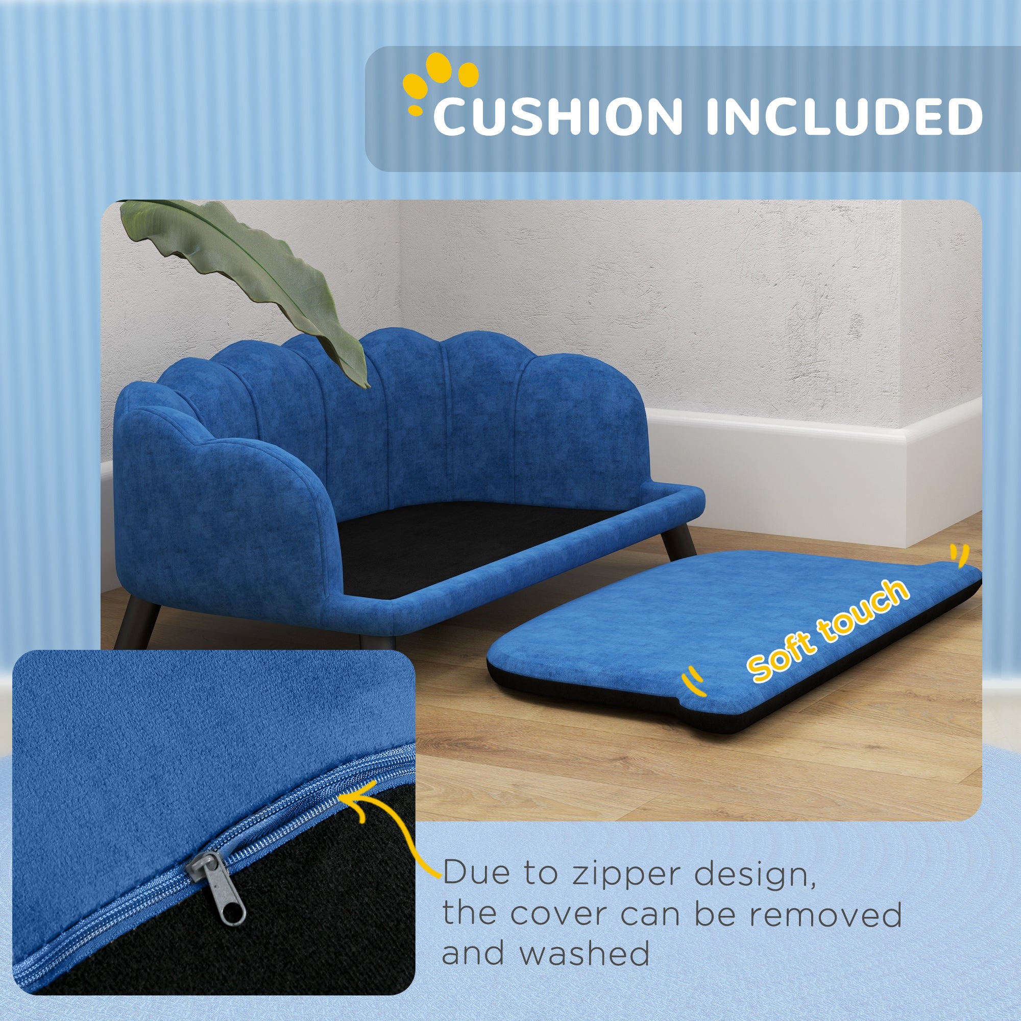 PawHut Velvet Large Dog Couch with Foam Cushion, Soft and Cute Dog Bed with Pearl Design, Dog Sofa for Big and Medium Dogs, Dark Blue
