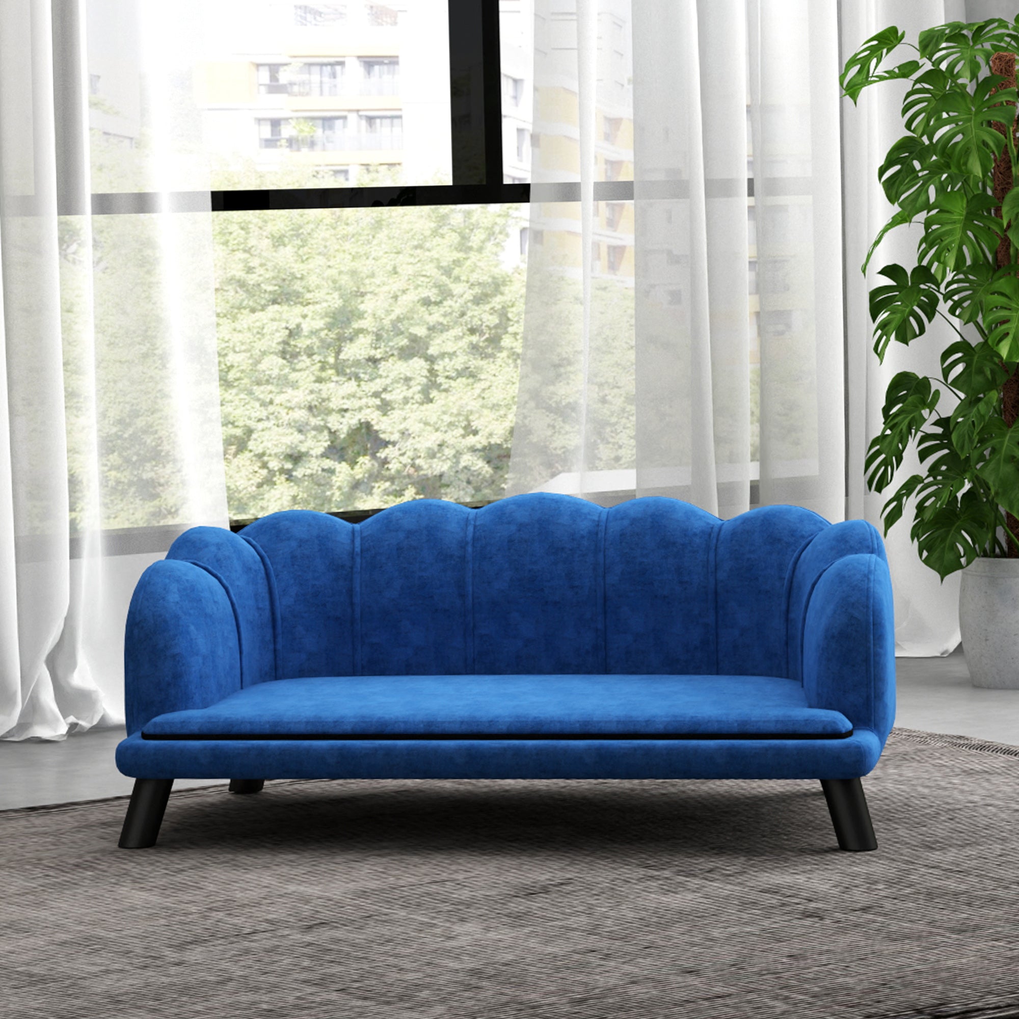 PawHut Velvet Large Dog Couch with Foam Cushion, Soft and Cute Dog Bed with Pearl Design, Dog Sofa for Big and Medium Dogs, Dark Blue