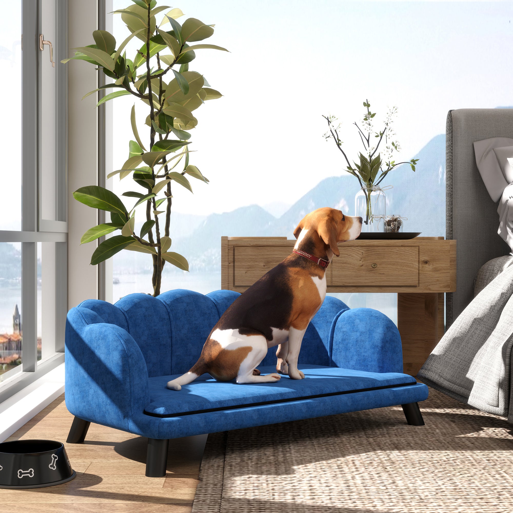 PawHut Velvet Large Dog Couch with Foam Cushion, Soft and Cute Dog Bed with Pearl Design, Dog Sofa for Big and Medium Dogs, Dark Blue