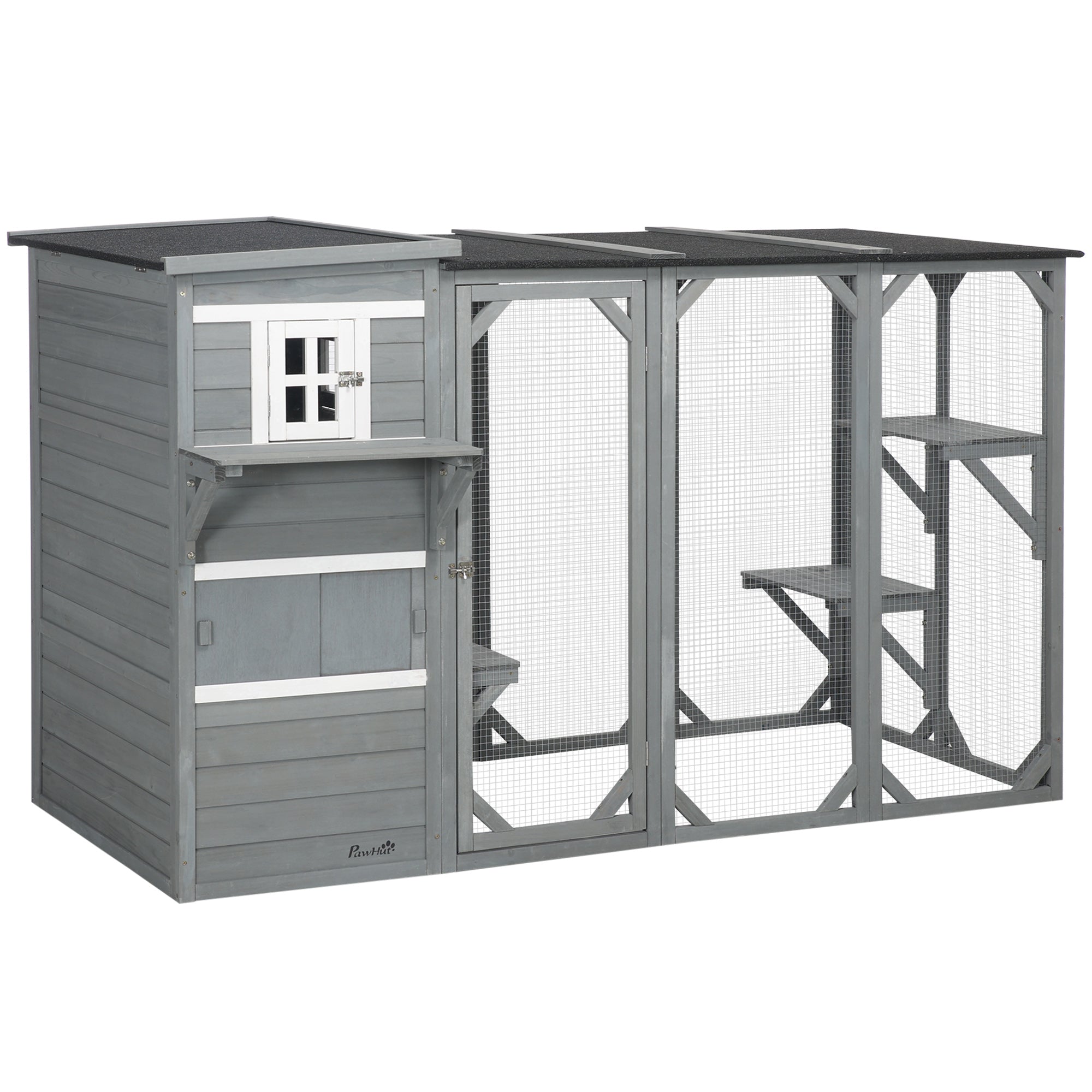 Wooden Cat Catio, 76"L Walk in Outdoor Cat House with Asphalt Roof, Platforms, Lockable Doors, 3-tier Resting Condo, Observation Window, for 2-3 Cats, Light Grey