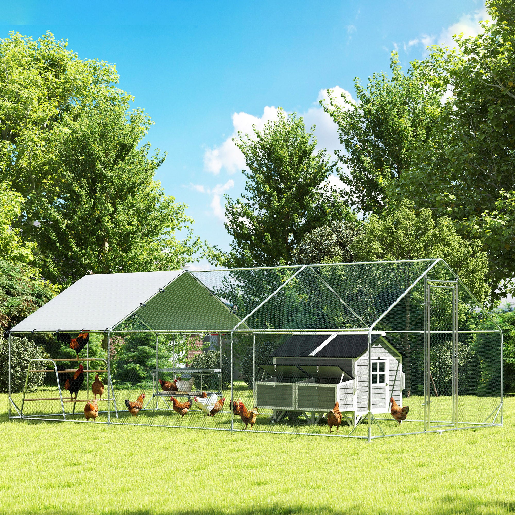 PawHut Large Metal Chicken Coop with Nesting Box, Walk in Chicken Run with Waterproof & Anti-UV Cover, Outdoor Duck Cage Rabbit Hutch Pen with Roosting Bar, for 18-24 Poultries, 9.8' x 19.7' x 6.4'