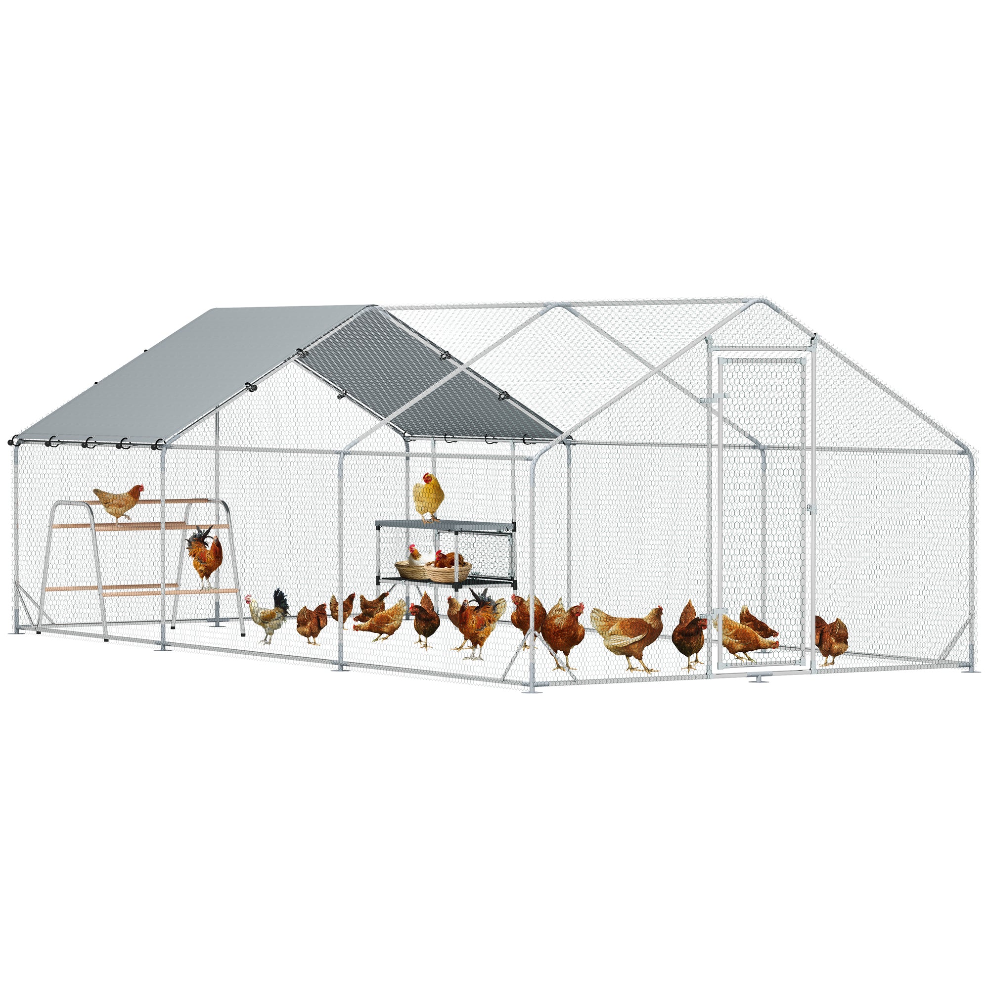 PawHut Large Metal Chicken Coop with Nesting Box, Walk in Chicken Run with Waterproof & Anti-UV Cover, Outdoor Duck Cage Rabbit Hutch Pen with Roosting Bar, for 18-24 Poultries, 9.8' x 19.7' x 6.4'