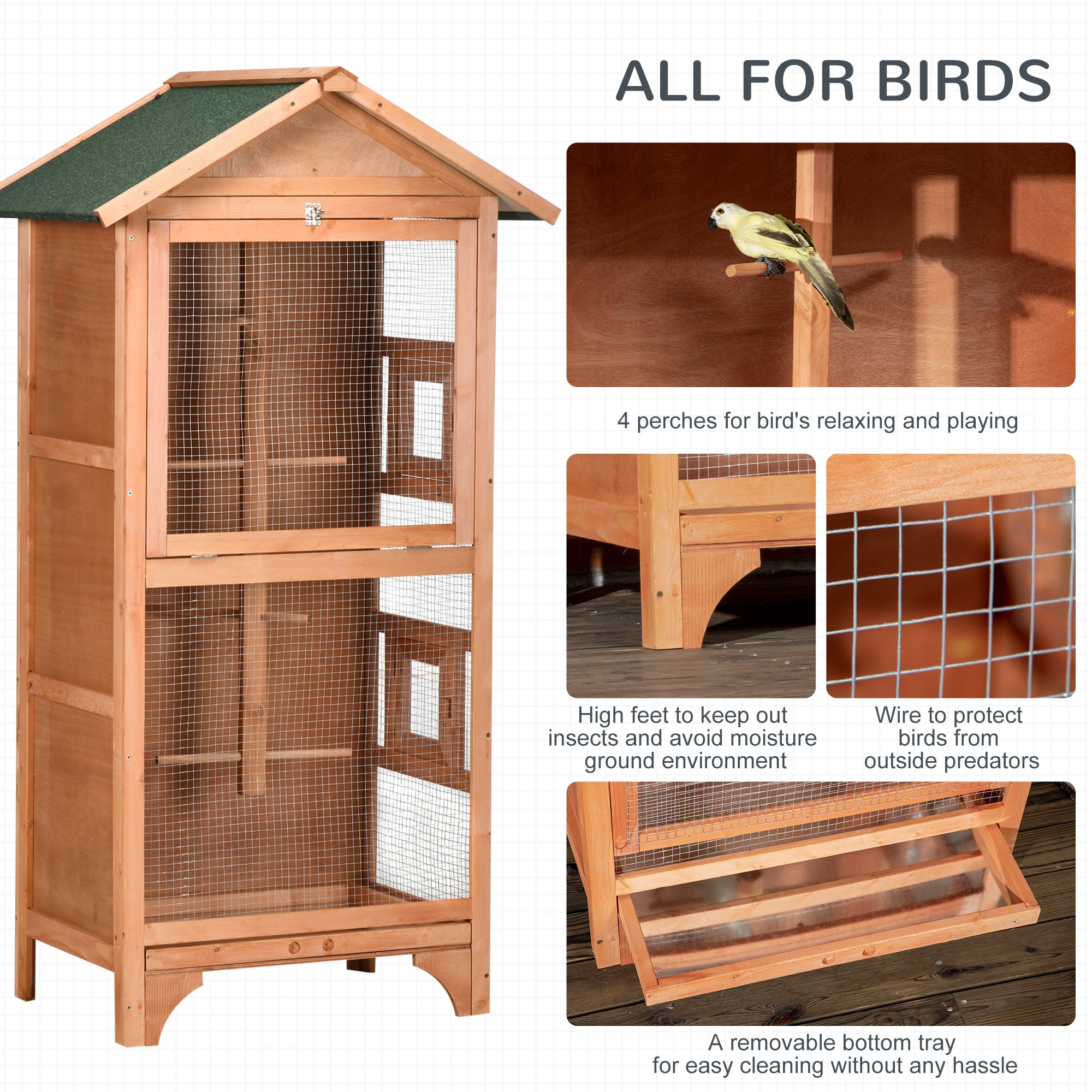 Wooden Bird Aviary Parrot Cage Pet Furniture Large Outdoor Play House with Removable Bottom Tray, 2 Doors, Asphalt Roof, 4 Perches, Brown