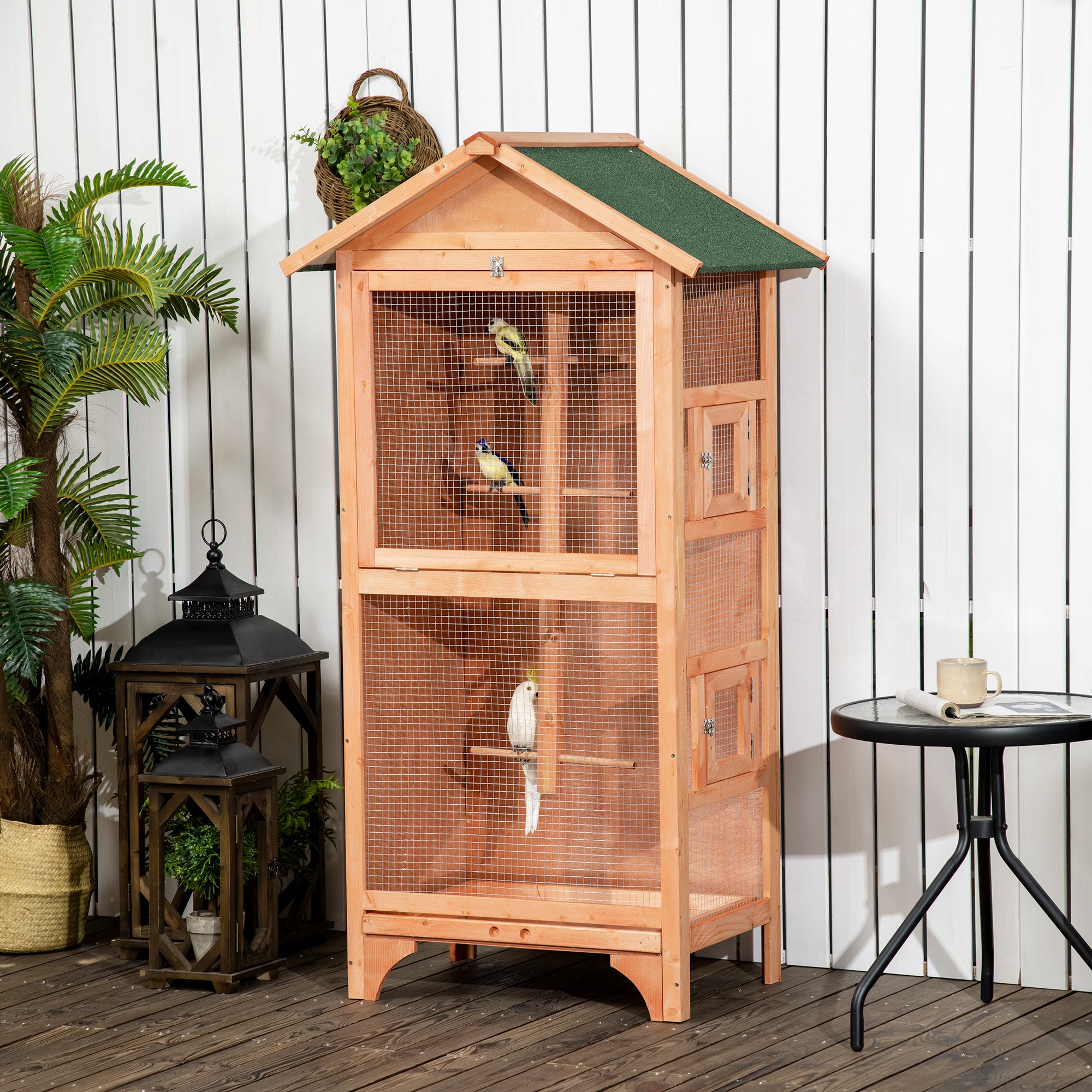 Wooden Bird Aviary Parrot Cage Pet Furniture Large Outdoor Play House with Removable Bottom Tray, 2 Doors, Asphalt Roof, 4 Perches, Brown
