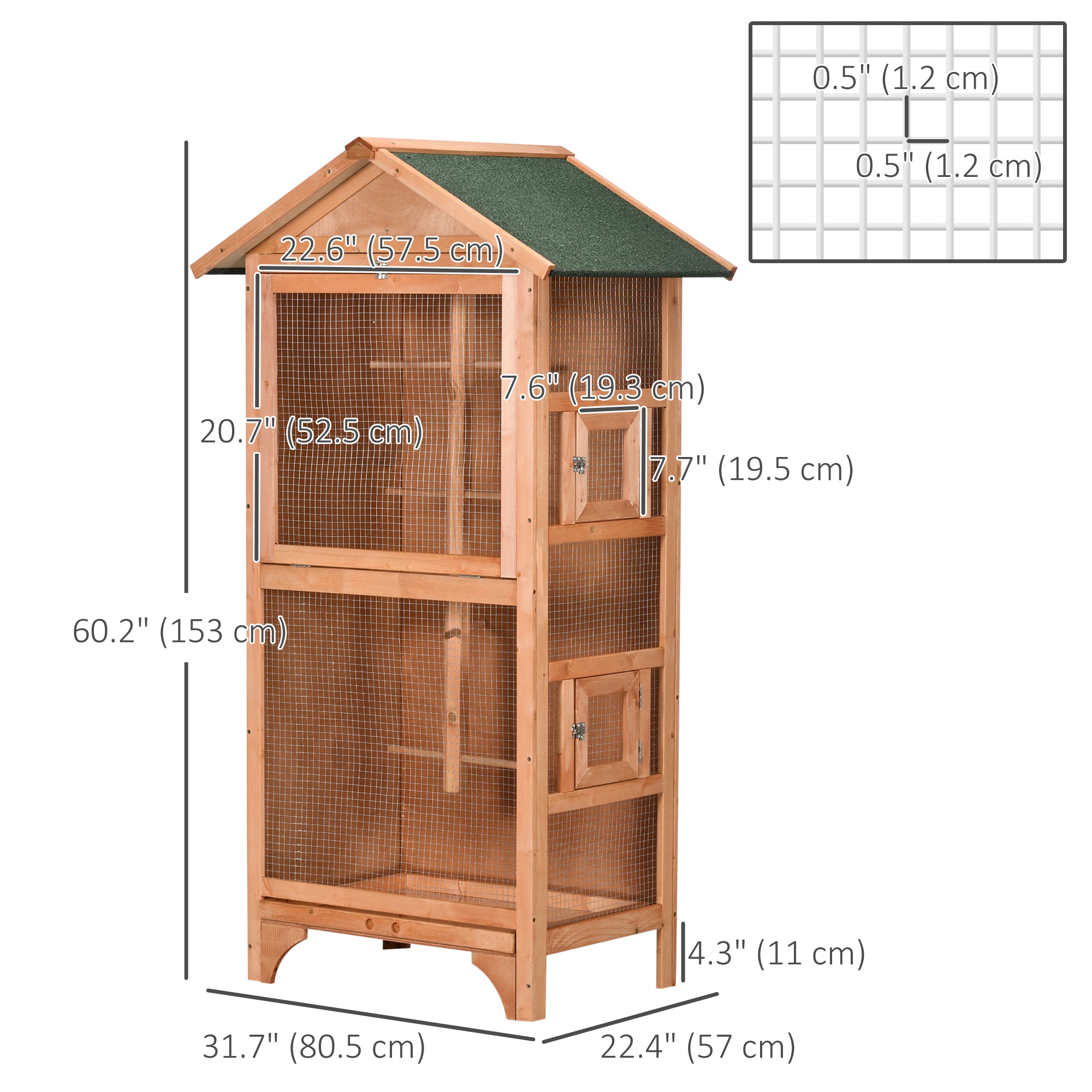 Wooden Bird Aviary Parrot Cage Pet Furniture Large Outdoor Play House with Removable Bottom Tray, 2 Doors, Asphalt Roof, 4 Perches, Brown