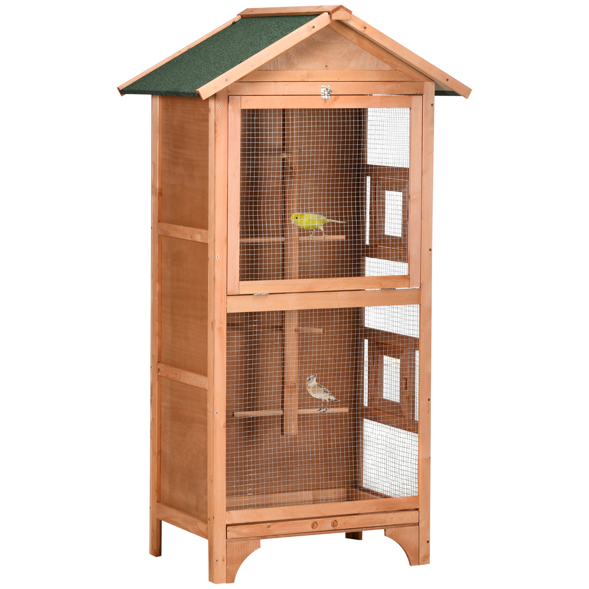 Wooden Bird Aviary Parrot Cage Pet Furniture Large Outdoor Play House with Removable Bottom Tray, 2 Doors, Asphalt Roof, 4 Perches, Brown