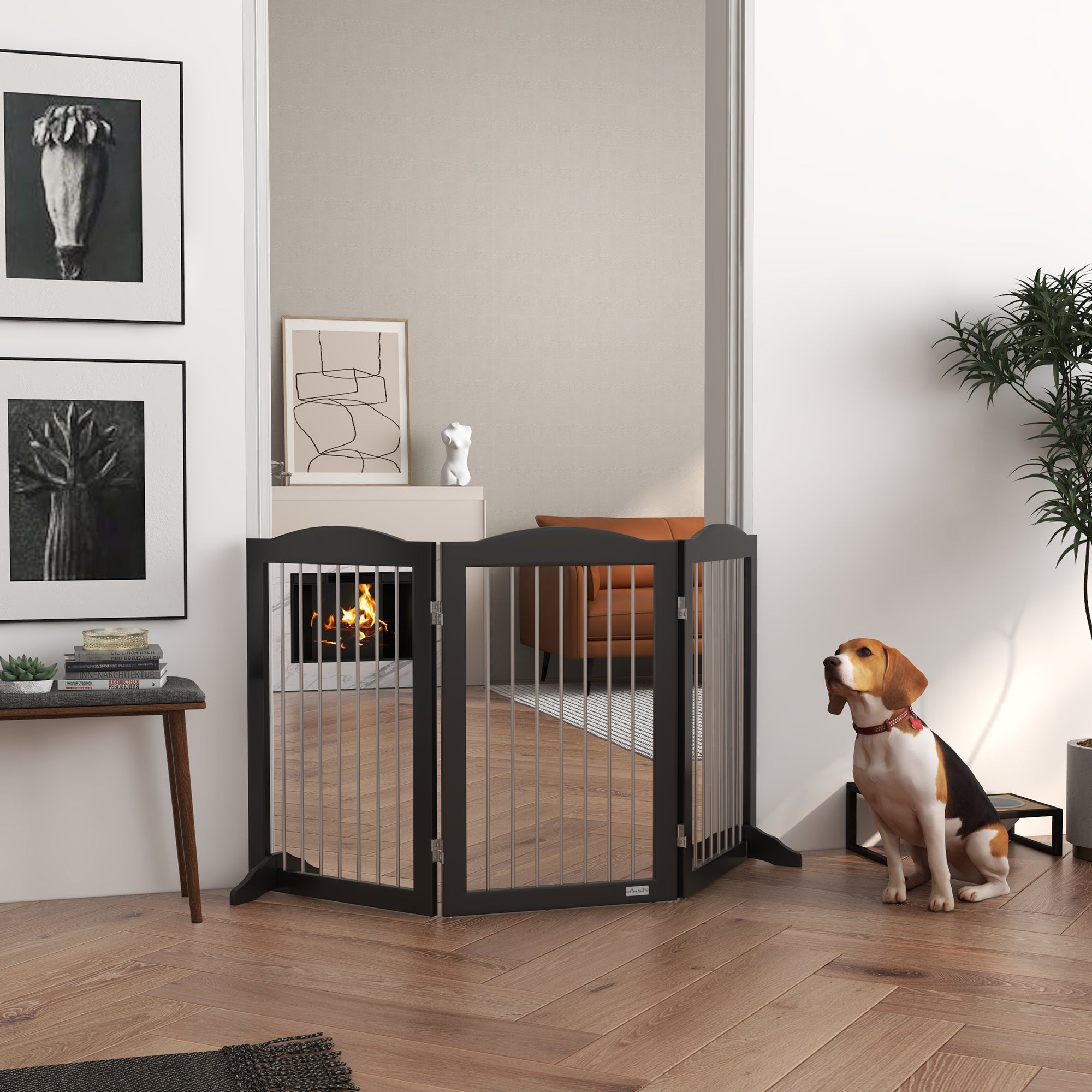 Foldable Dog Gate, Freestanding Pet Gate, Dog Barrier with Two Support Feet, for Doorways, Stairs, Halls - Black