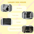 Load image into Gallery viewer, Wooden Dog Kennel Outdoor, Elevated Dog House for Outside, with Openable Top, Asphalt Roof, Windows, Curtain, Removable Tray, Adjustable Legs, 65H x 97L x 72Wcm, Grey